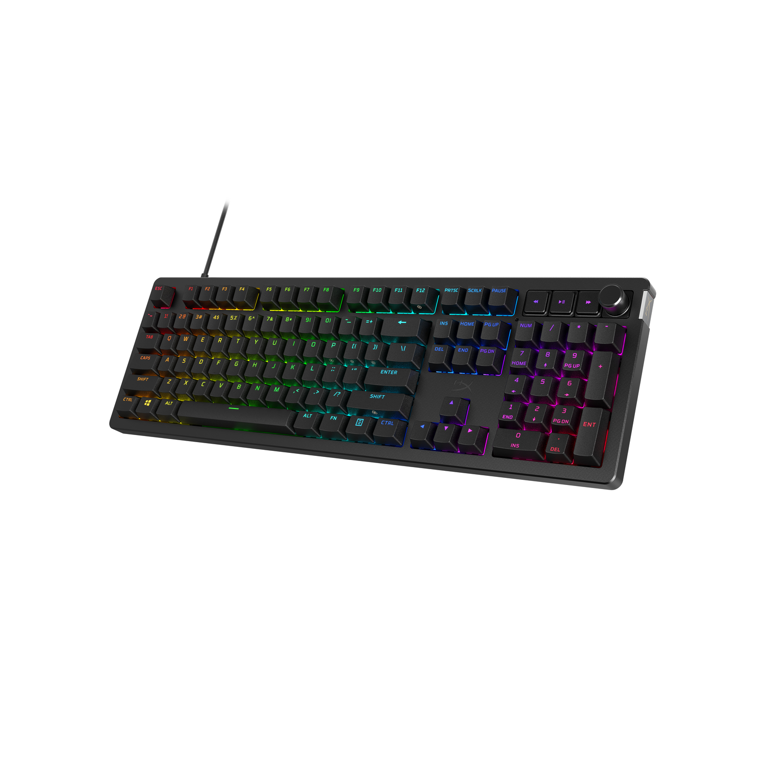 Black mechanical keyboard with rainbow-colored keys, seen from an overhead angle.