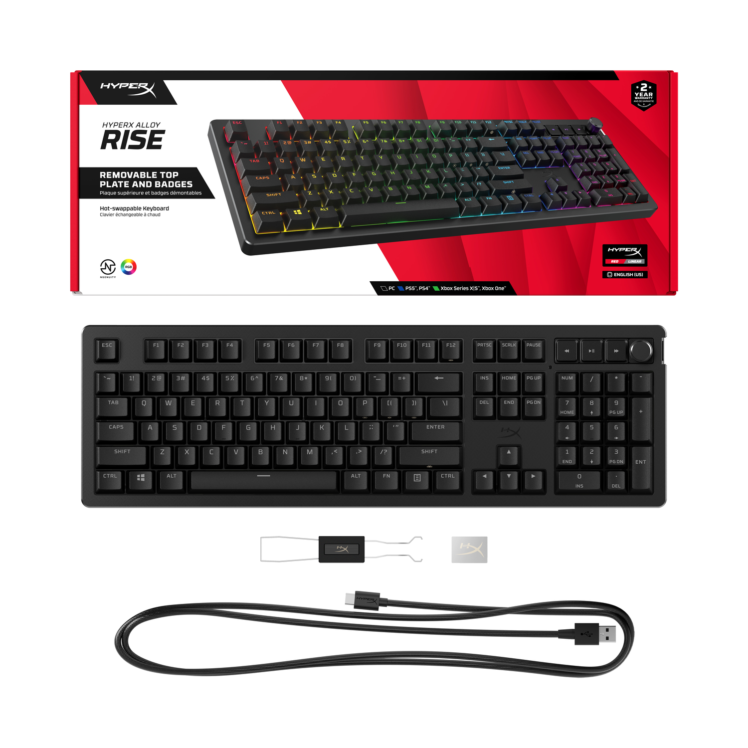 Black keyboard with rainbow-lit keys in a box. The box has red and white branding and a keyboard image.