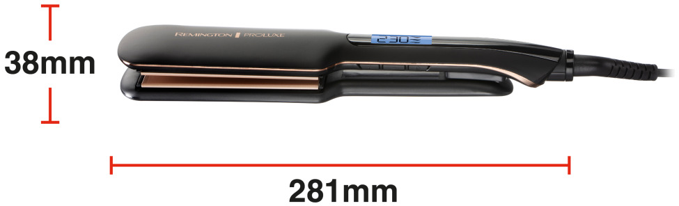 Piastra per capelli nera con misure di 38 mm di larghezza e 281 mm di lunghezza.