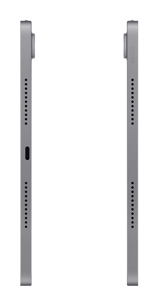 Dwa boki srebrnego tabletu z portami i głośnikami. Białe tło.