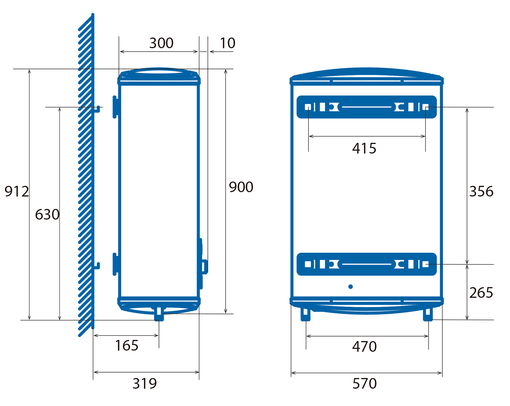 Diagram, amely egy vízmelegítő oldal- és elölnézetét mutatja, méretekkel.
