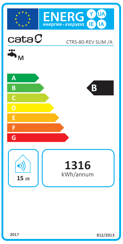 Energia címke, amely 'B' betűt mutat az energiahatékonysághoz. kWh/év és zajszint dB-ben.
