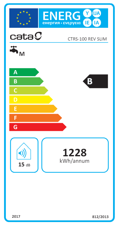 Egy Cata páraelszívó energia címkéje, amely energiahatékonysági információkat mutat.