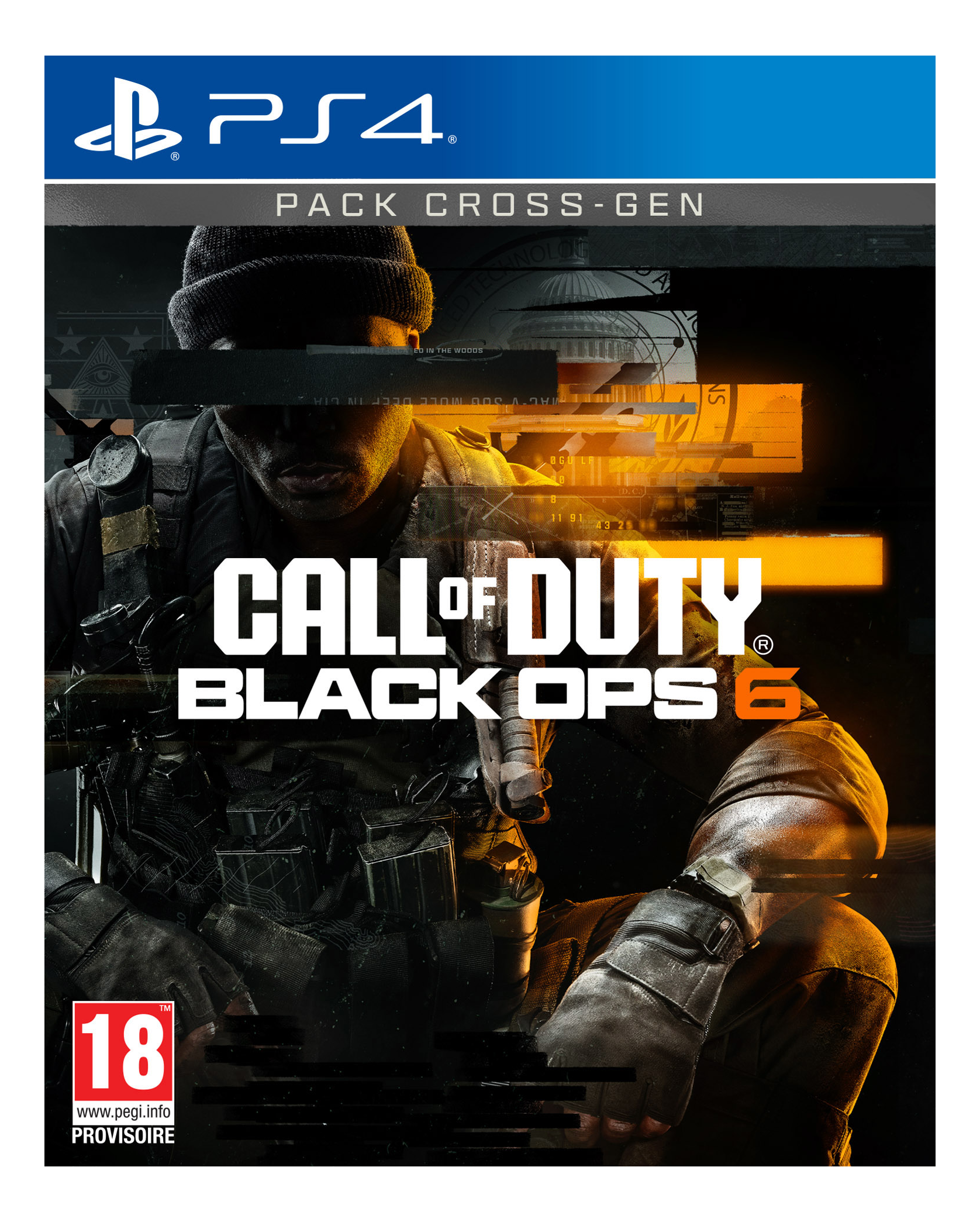 Call of Duty Black Ops 6 Spielcover mit einem Soldaten. Es hat ein PS4-Logo und eine Bewertung von 18.