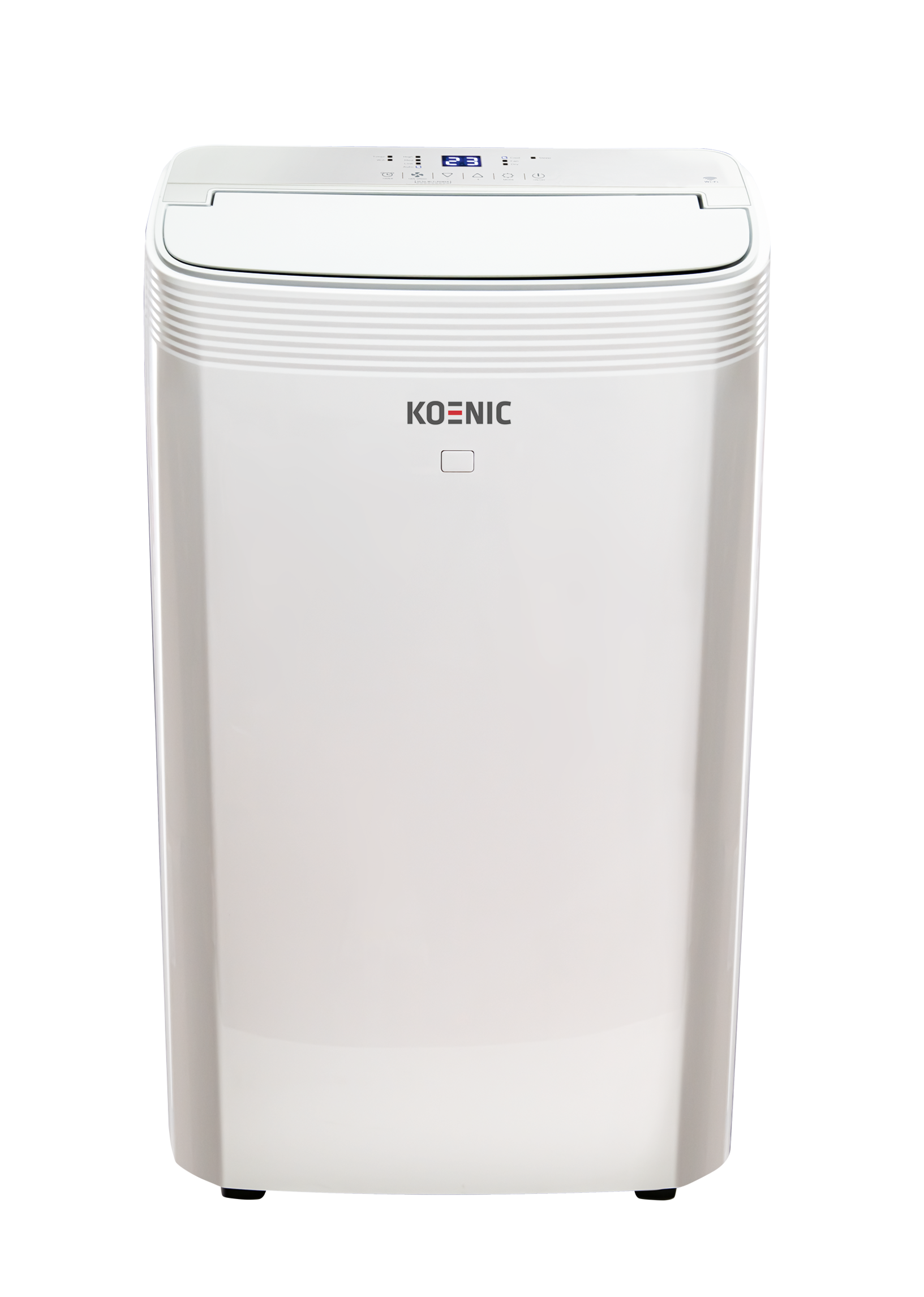 Weißer Klimaanlage. Die Marke 'KOENIC' ist sichtbar. Das Gerät steht vor schwarzem Hintergrund.