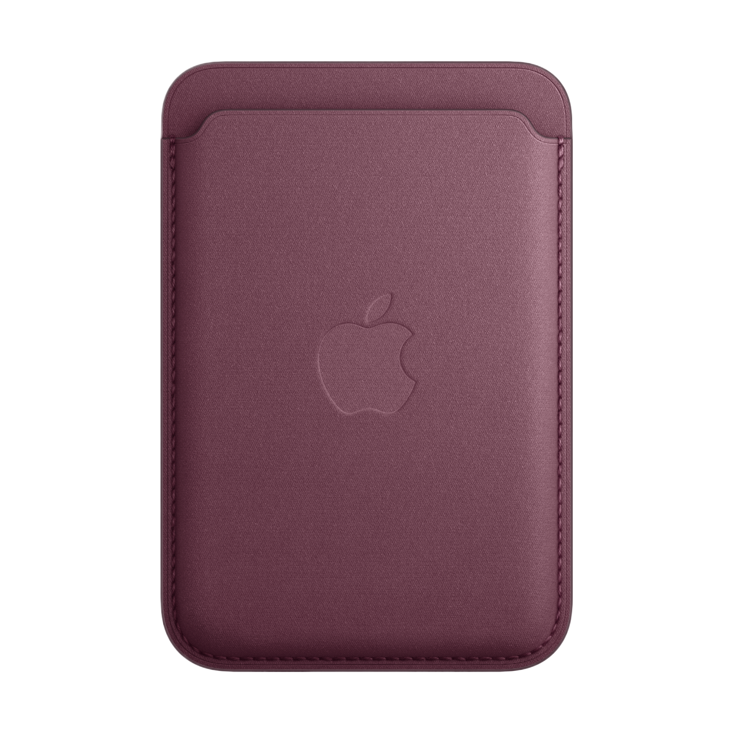Portefeuille MagSafe Apple bordeaux avec logo Apple en relief, sur fond noir.
