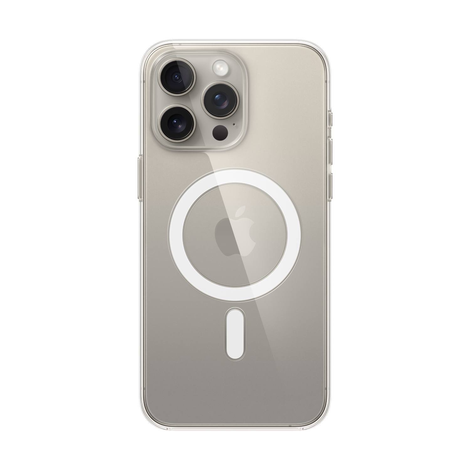 Coque transparente pour iPhone, avec quatre objectifs visibles. Logo Apple au centre. La coque a un anneau magnétique à l'arrière.