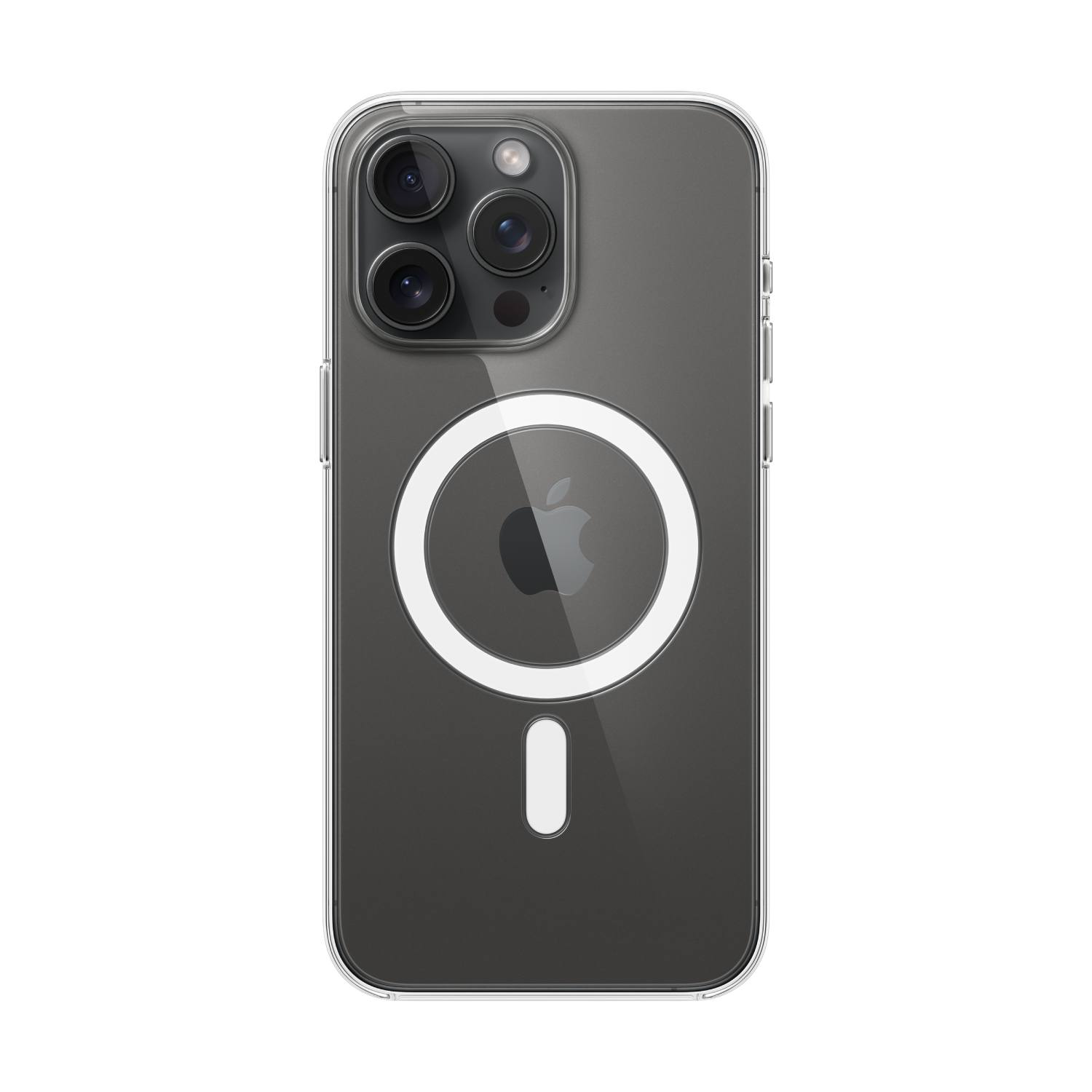 Coque de téléphone transparente sur fond blanc. On voit les objectifs de l'appareil photo, le logo Apple et un anneau magnétique.
