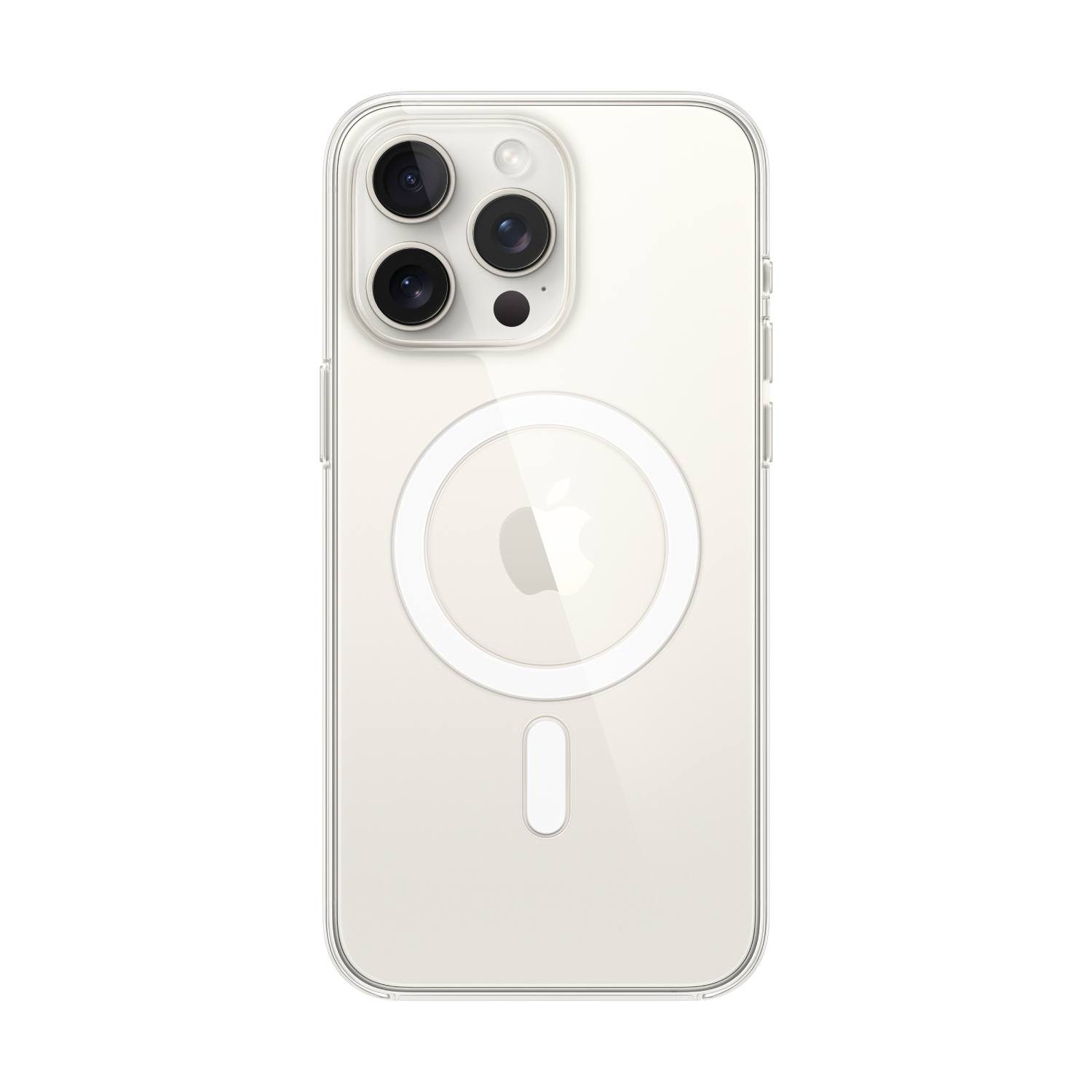 Coque de téléphone transparente avec découpes pour l'appareil photo et anneau MagSafe. Un logo Apple est visible. La coque est sur un téléphone beige clair.