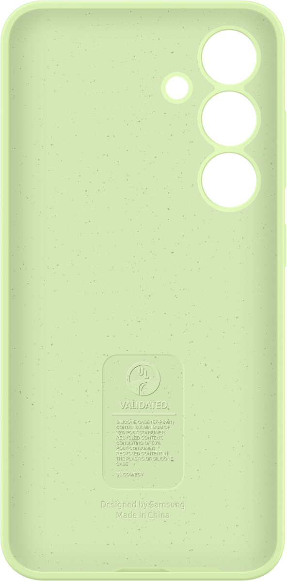 Custodia per telefono verde chiaro con ritagli per fotocamere e un foro.