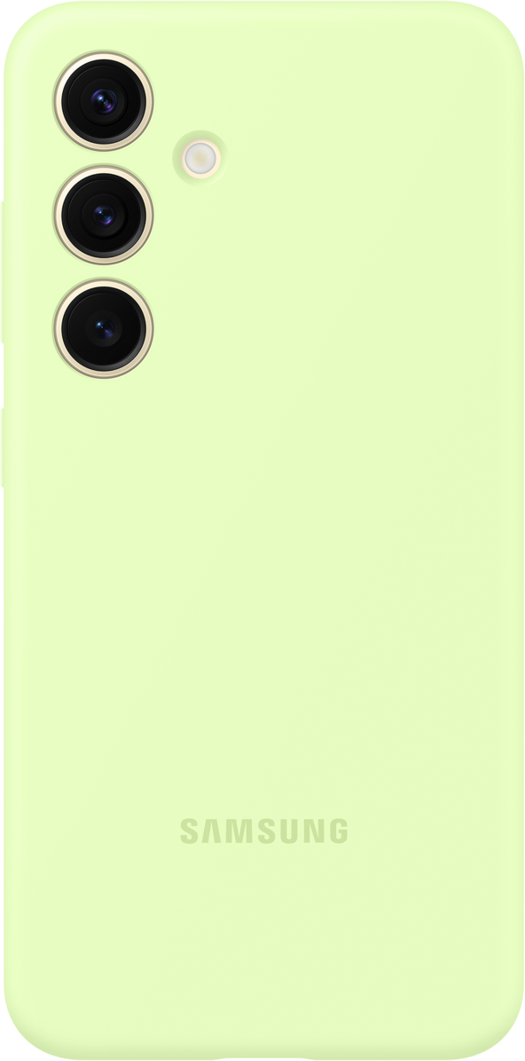 Un telefono Samsung verde chiaro con tre fotocamere posteriori e logo.