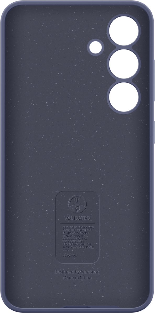 Custodia per telefono blu scuro. Tre fori per la fotocamera e un logo. La custodia è su sfondo nero.