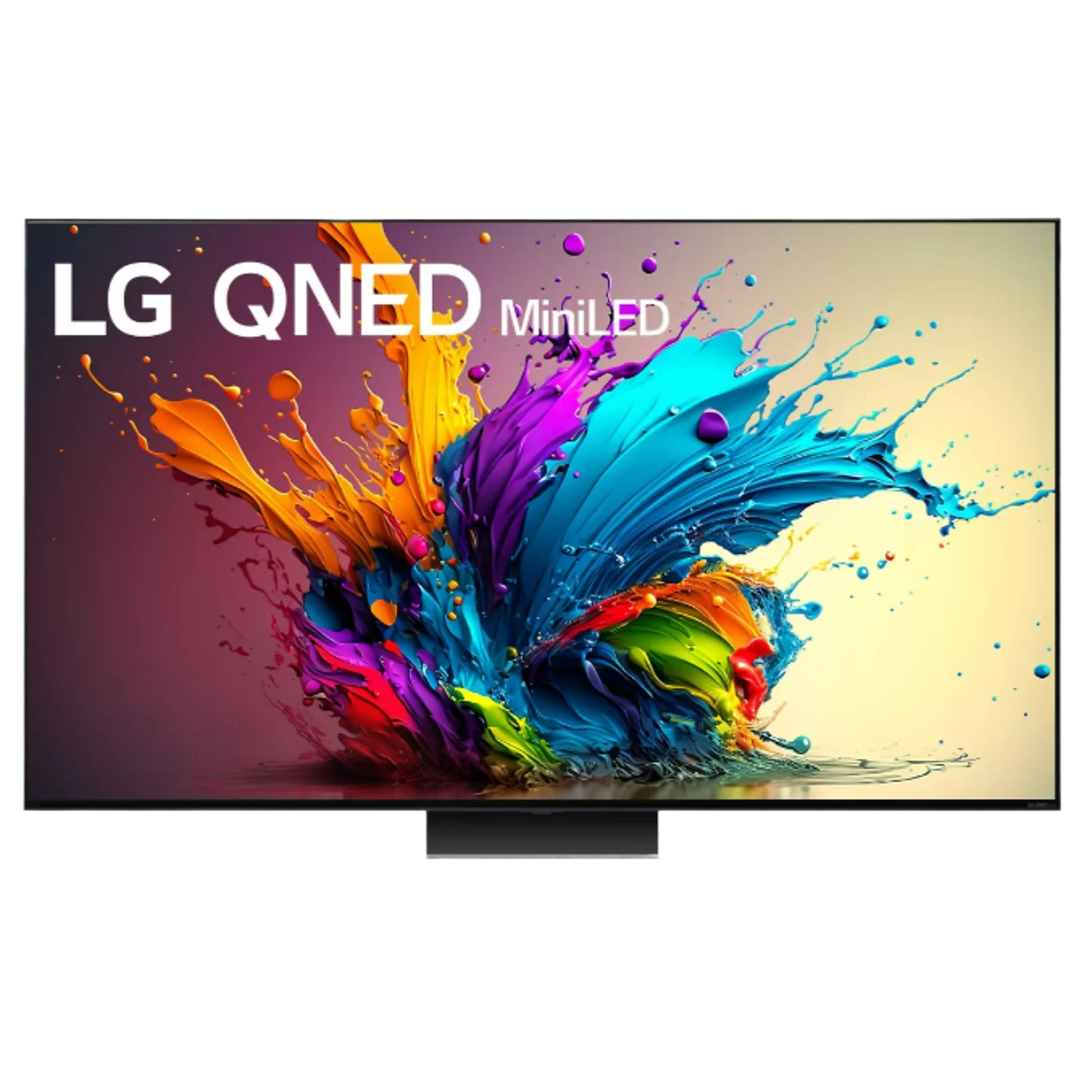 LG QNED MiniLED TV. Kleurrijke abstracte kunst. Zwart frame, standaard.