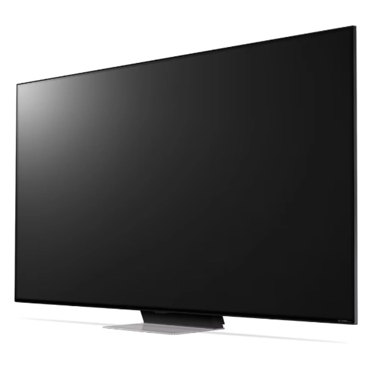 Groot tv-scherm met dunne rand op een minimalistische standaard. Zwart scherm.