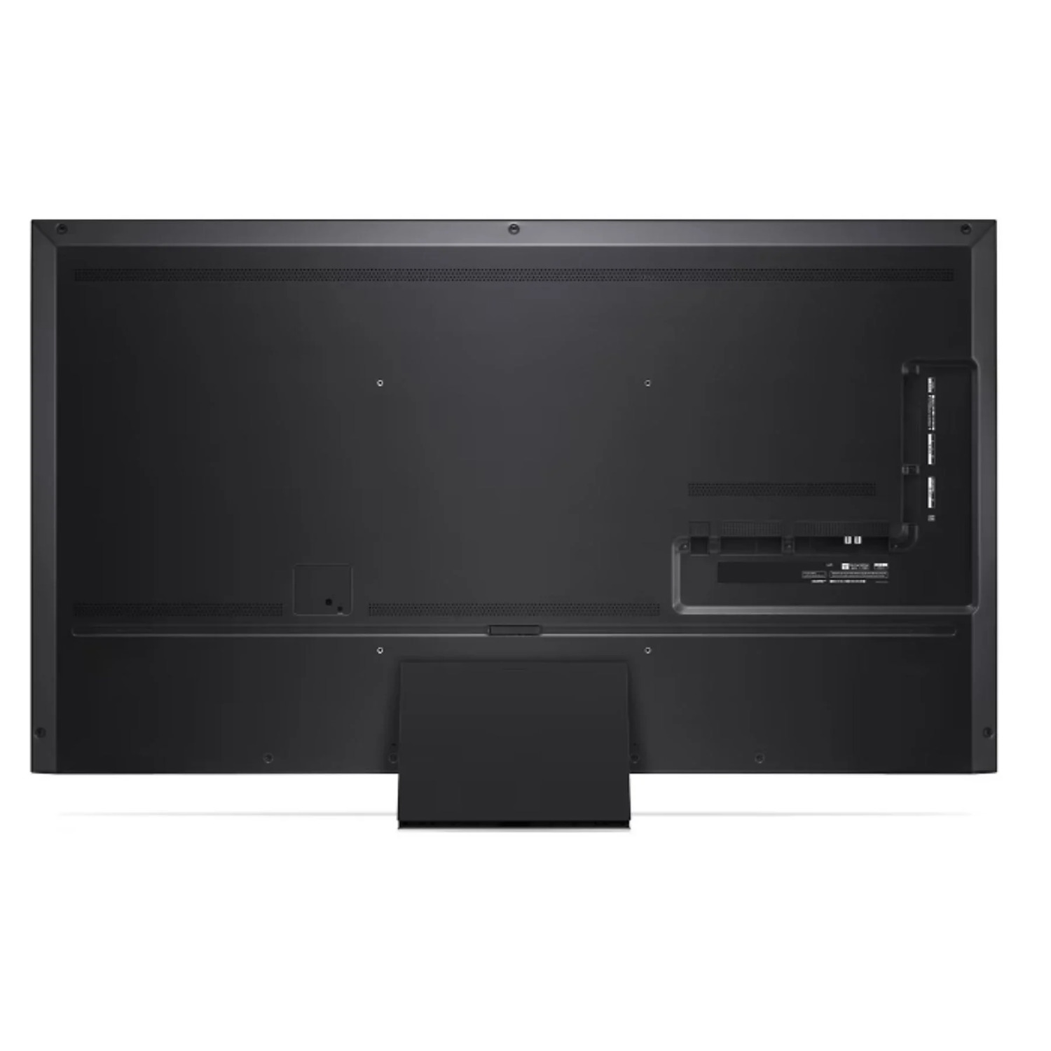 De achterkant van een zwarte LG televisie. Het heeft poorten en een standaard aan de onderkant.