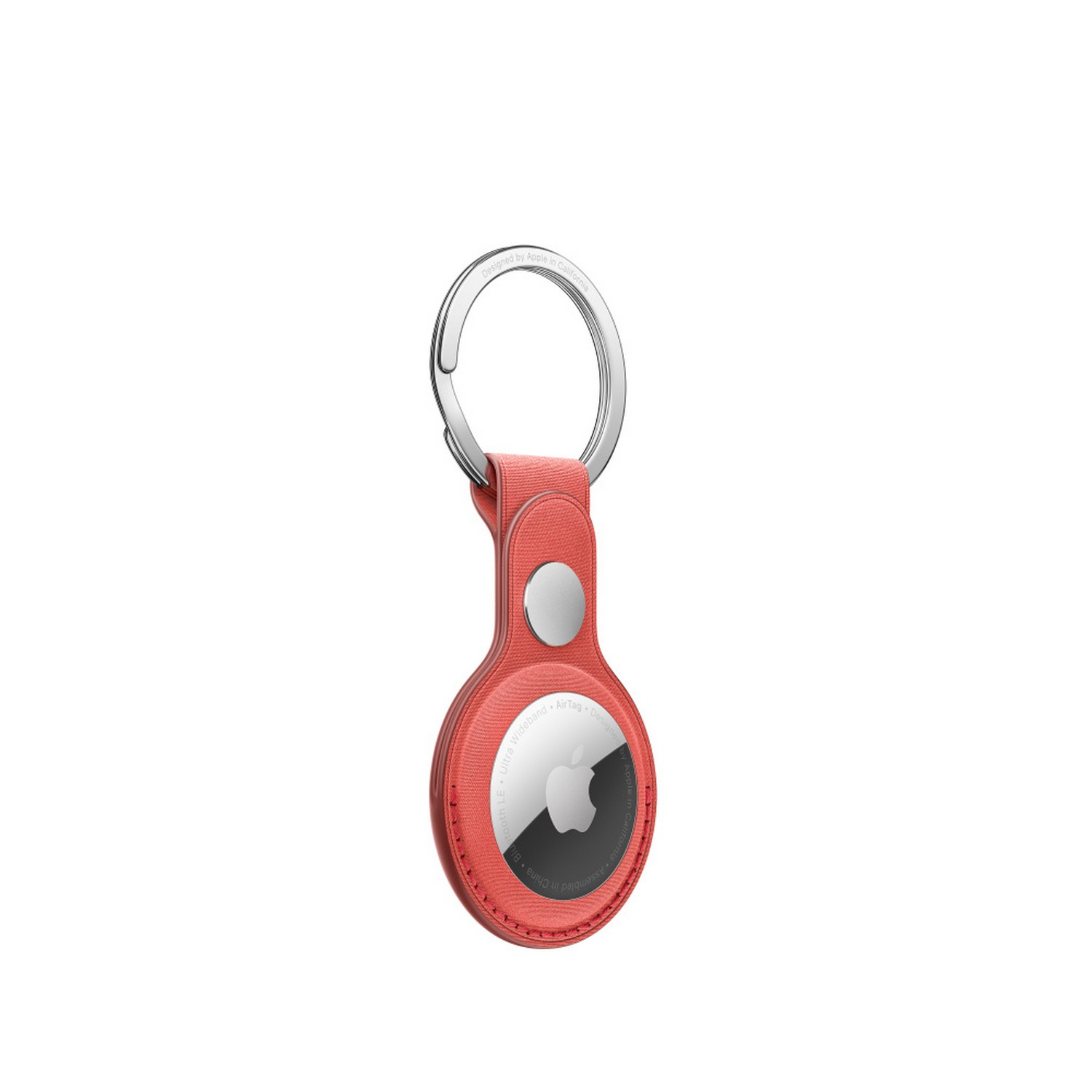 Un AirTag rouge avec un porte-clés attaché, sur fond blanc.
