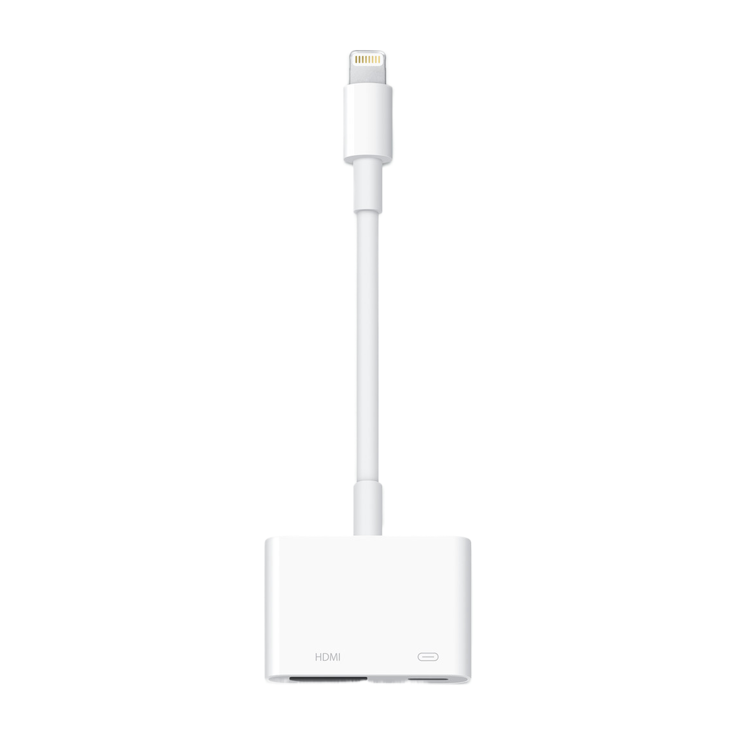 Witte Apple HDMI-adapter met een lightning connector en een HDMI-poort.