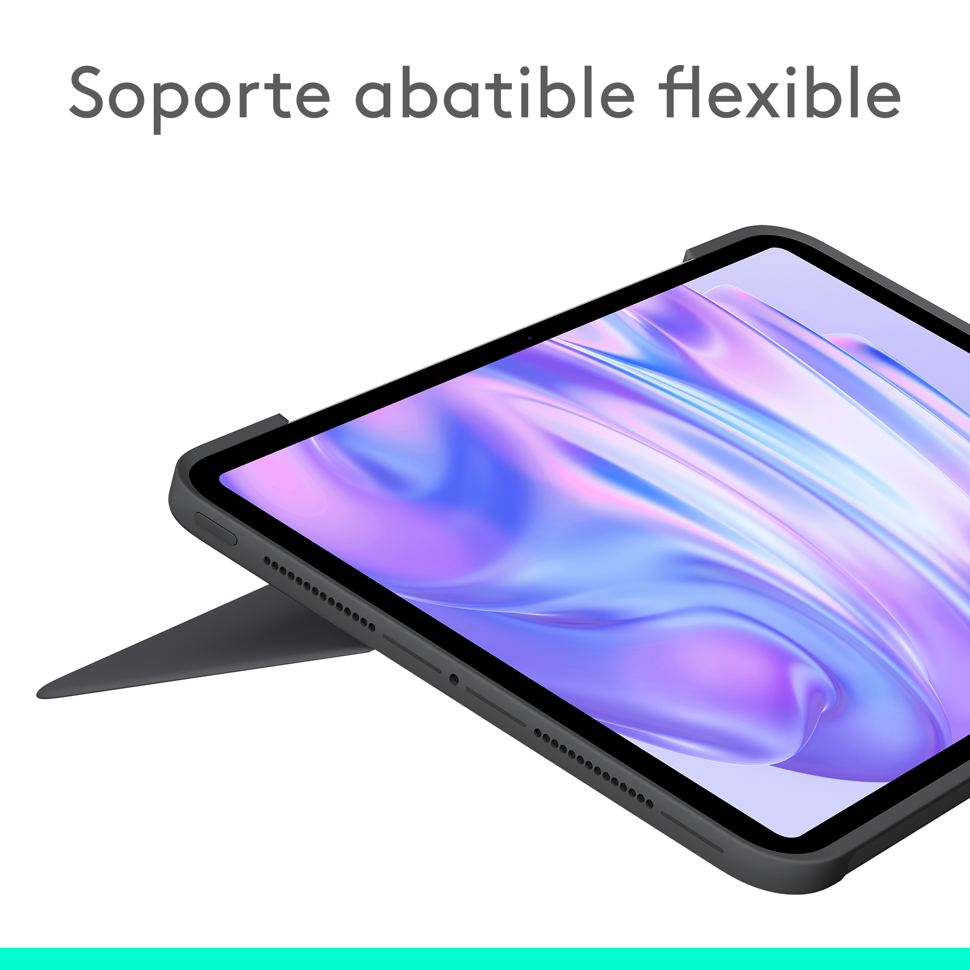 Tableta en funda negra, apoyada para ver. Texto: Soporte abatible flexible.
