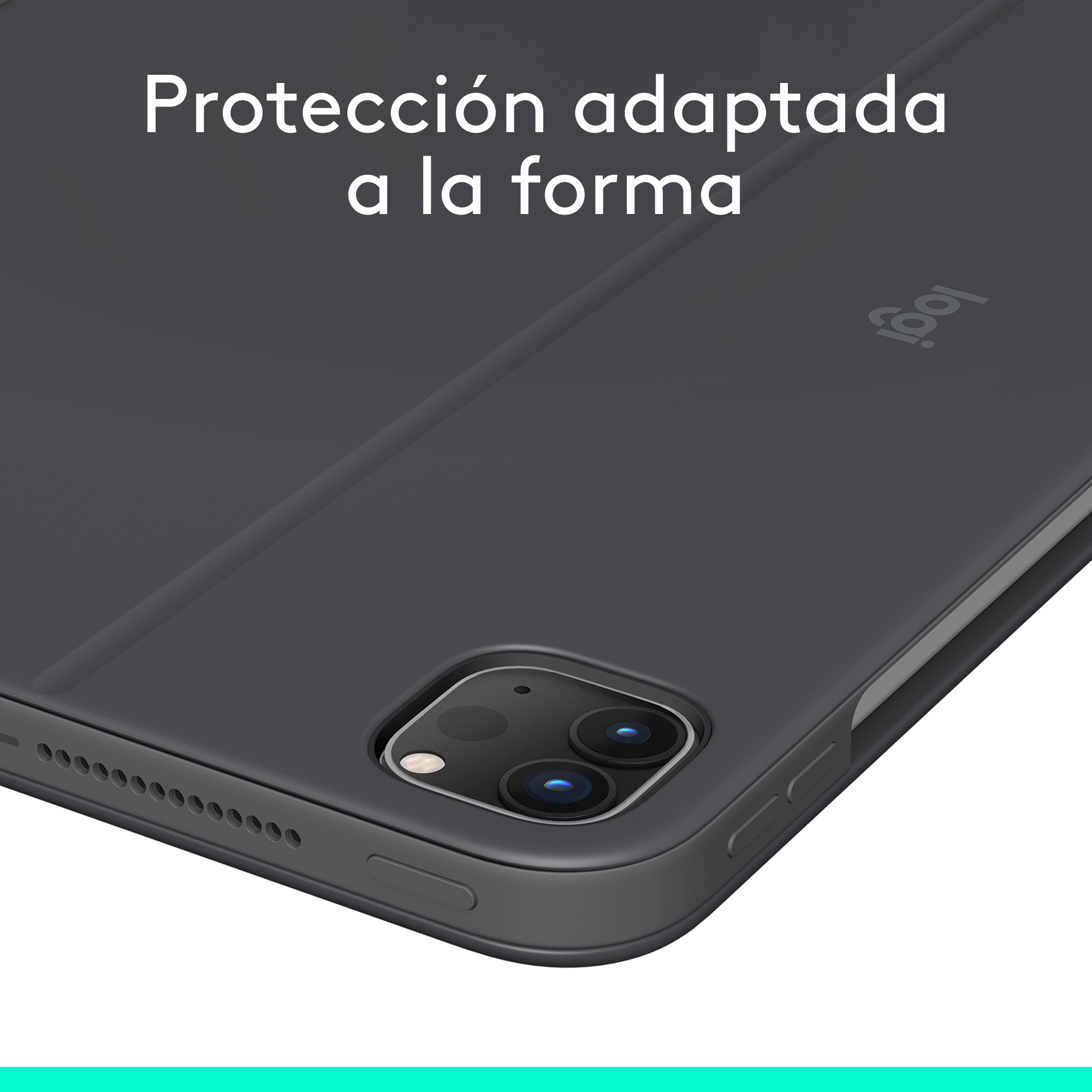 Primer plano de una funda negra para tableta, fondo blanco. La funda está abierta.