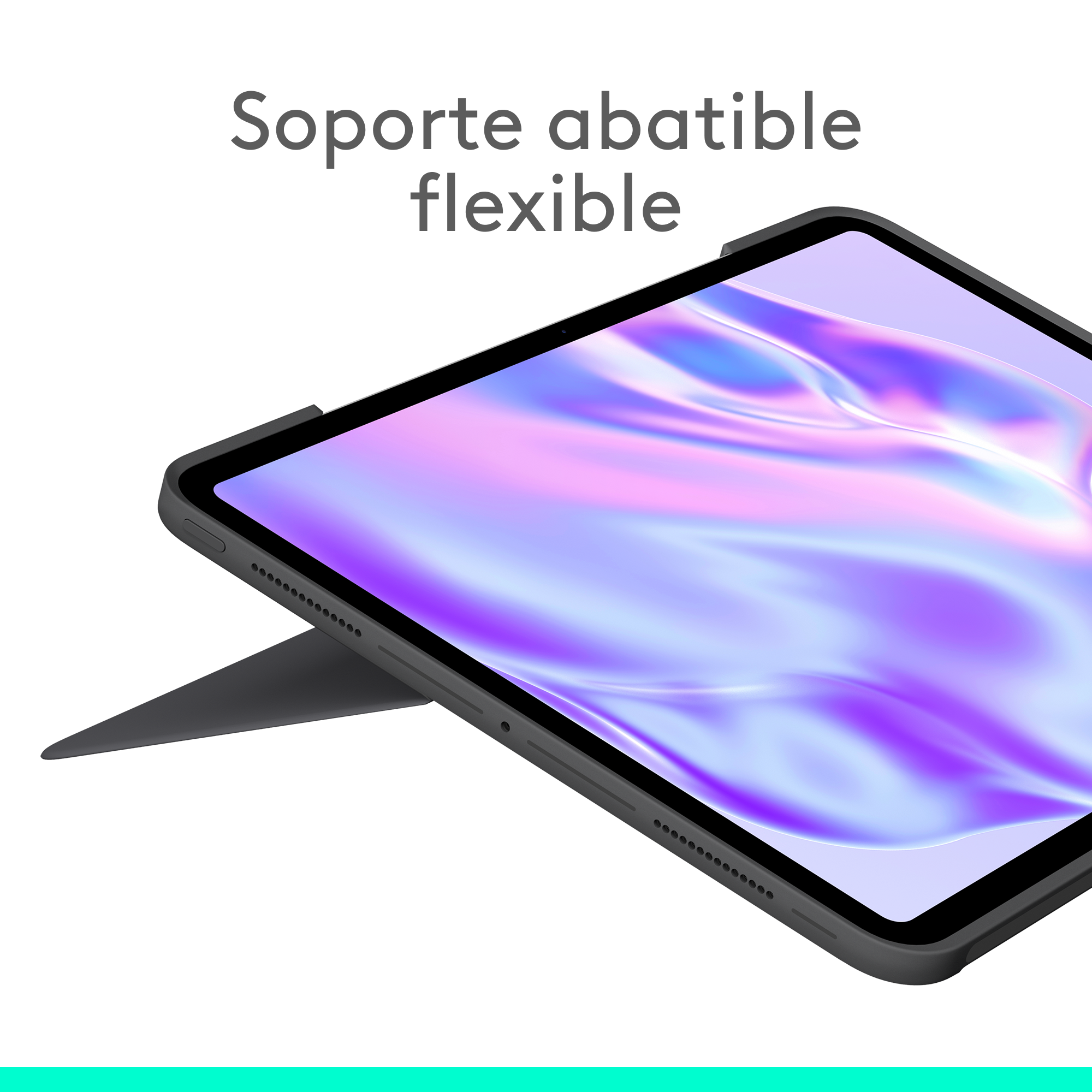Una tableta con funda plegable y las palabras "Soporte abatible flexible".