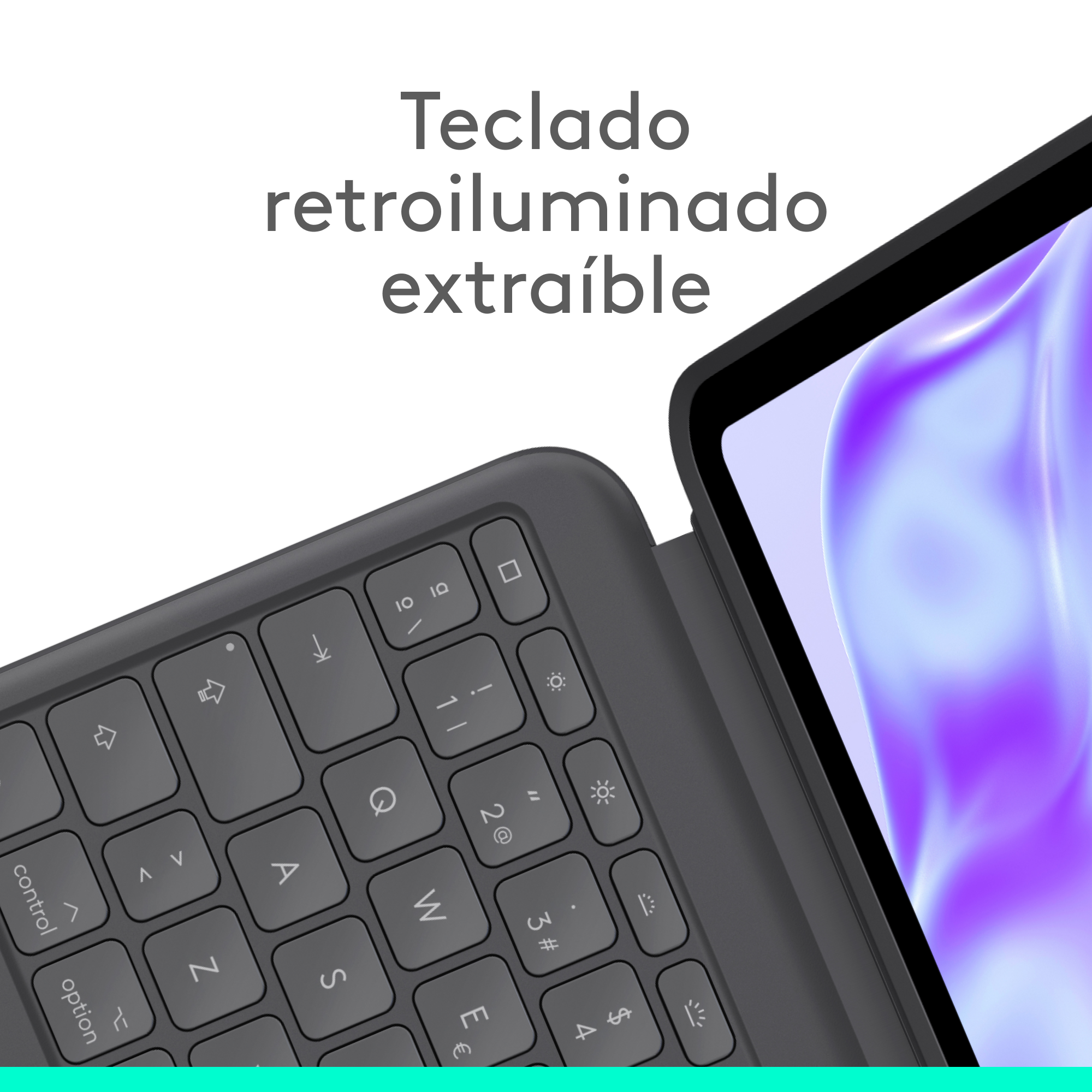 Un teclado gris oscuro con letras blancas y una tableta con pantalla morada. El texto "Teclado retroiluminado extraíble" está arriba.