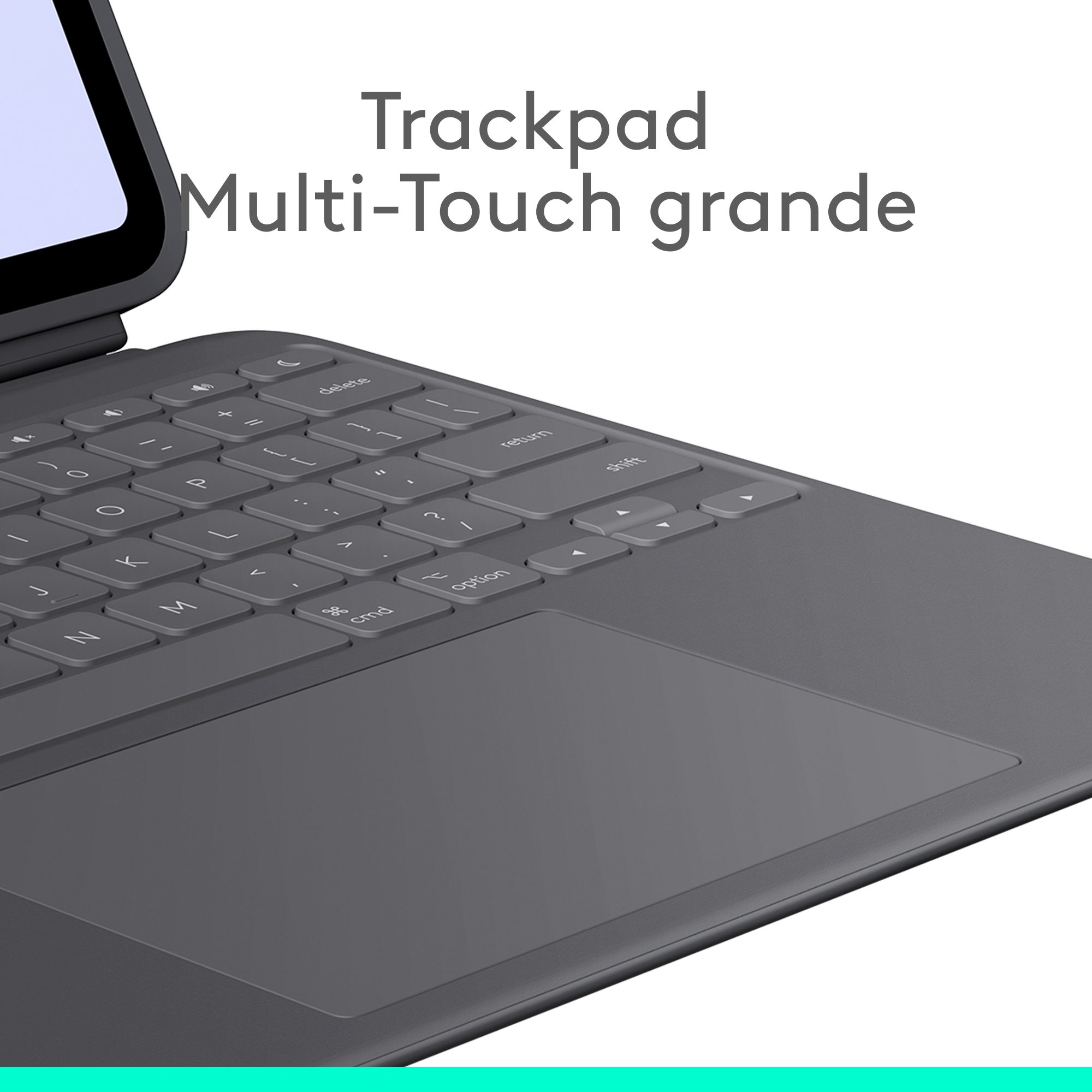 Un panel táctil y un teclado de color gris oscuro. La palabra "Trackpad" está escrita encima del teclado.