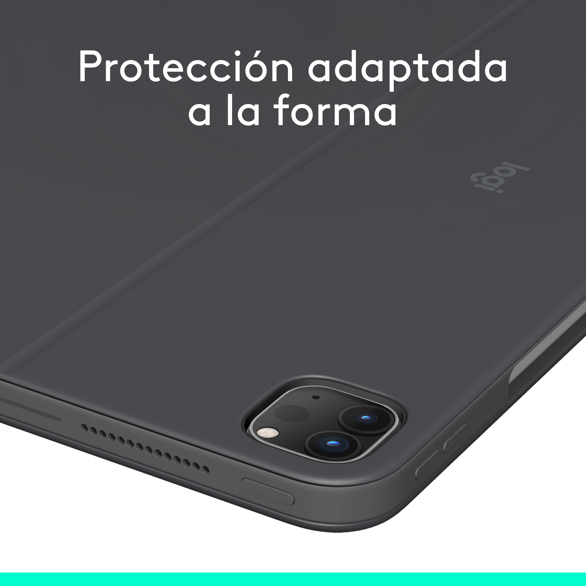 Funda para tableta, gris oscuro, con texto 'Protección adaptada a la forma' y el logotipo logi.