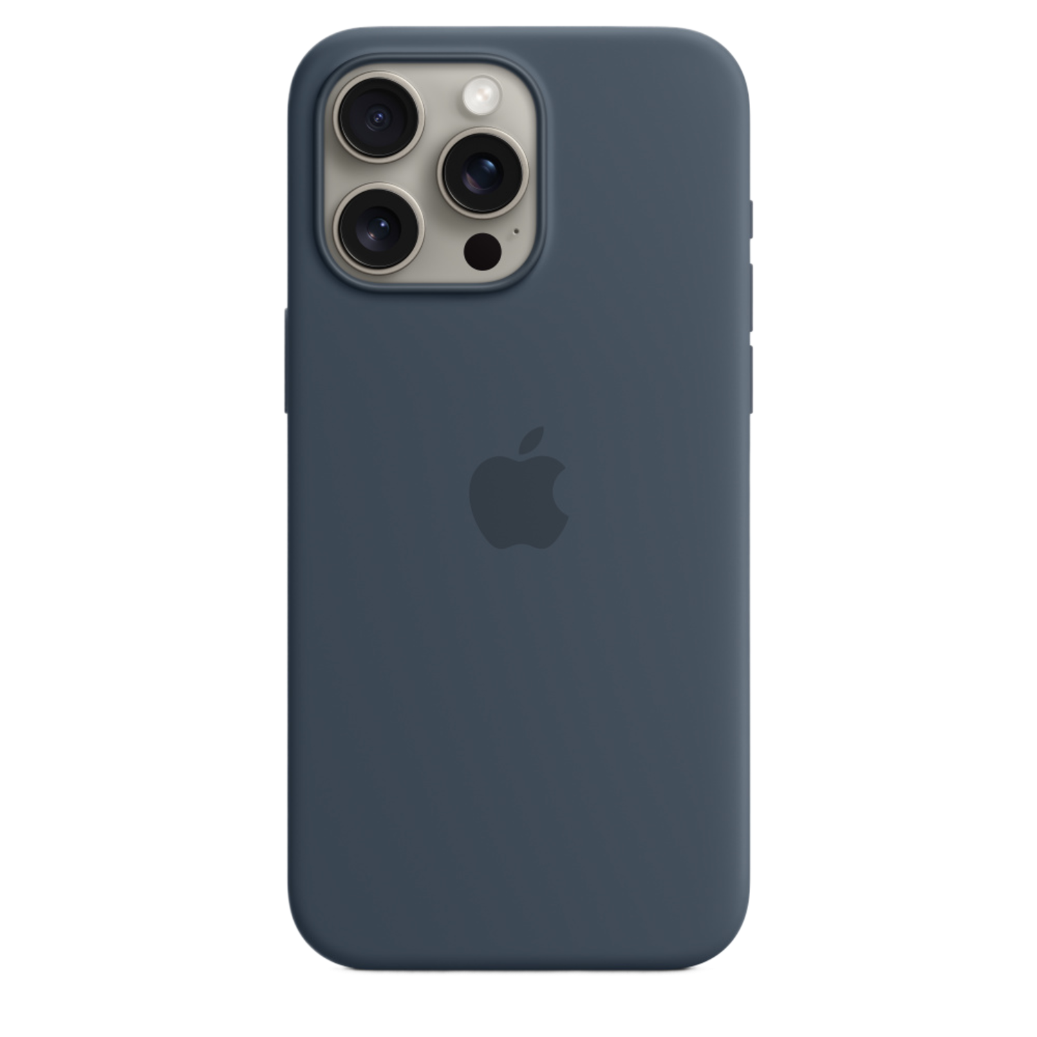 Een donkerblauwe iPhone-hoes met het Apple-logo. Het heeft drie cameralenzen en een flitser. De achtergrond is zwart.