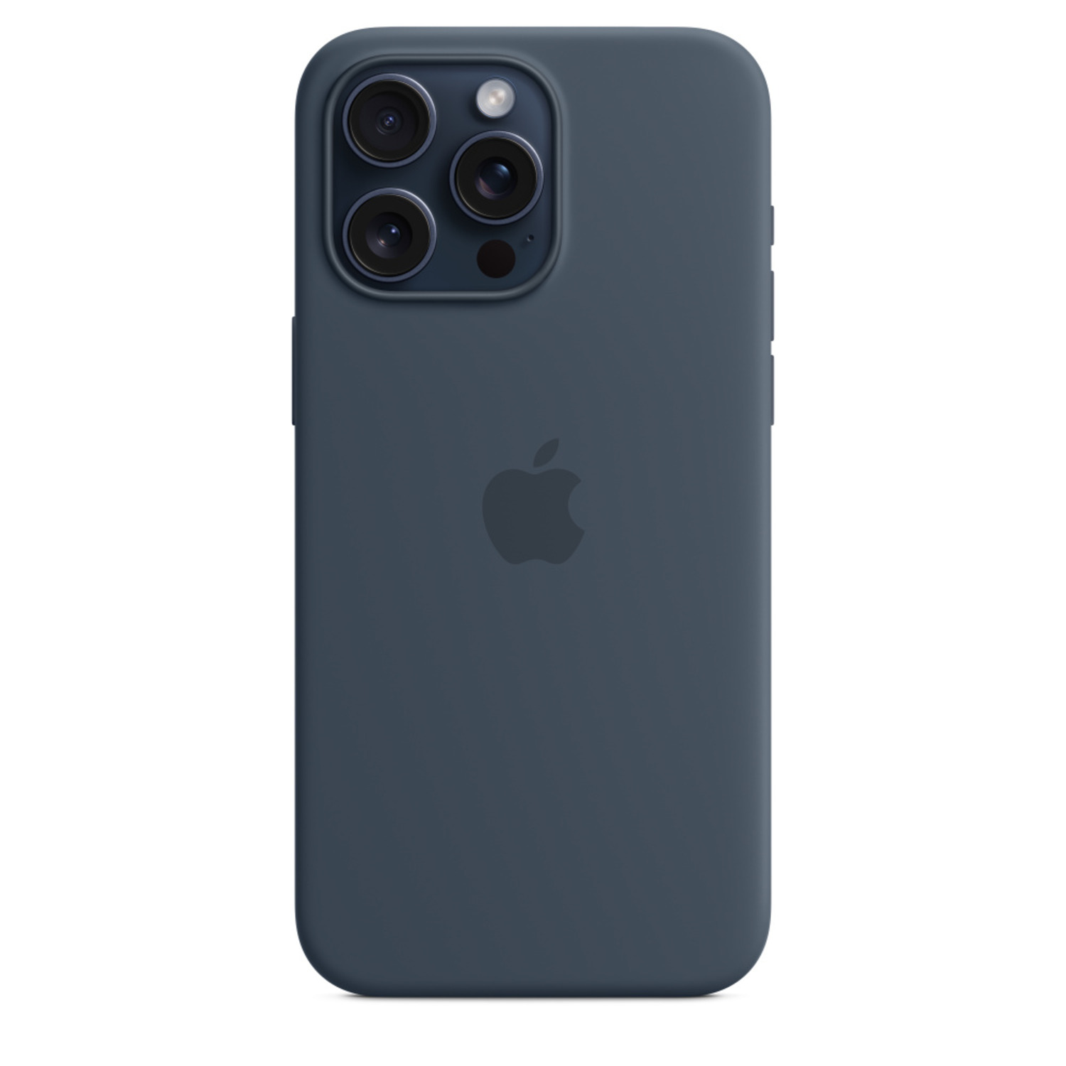 Een donkerblauwe iPhone-hoes. Het heeft het Apple-logo en drie cameralenzen aan de achterkant. De achtergrond is wit.