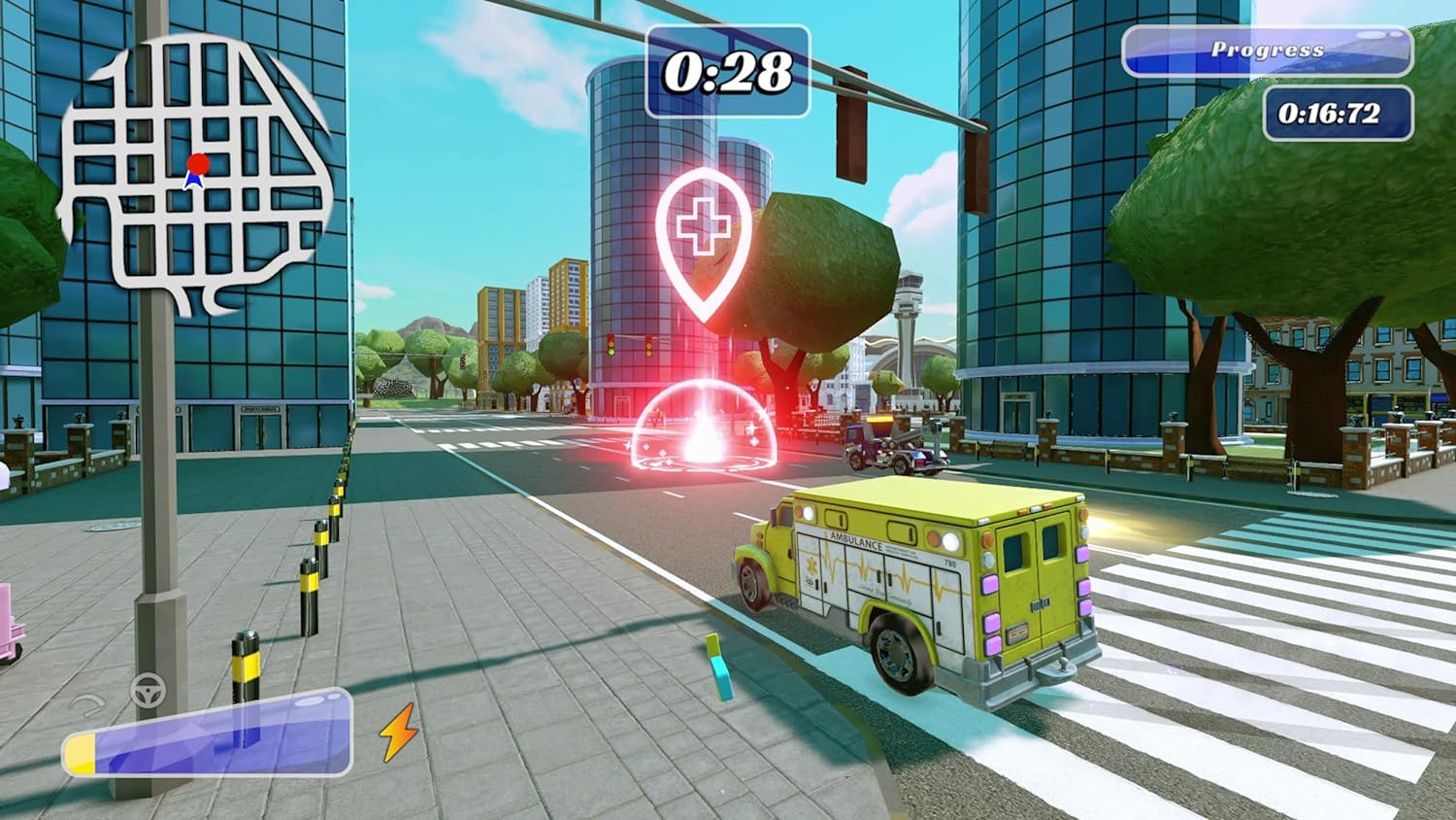 Ambulancia de videojuego conduciendo por una ciudad.
