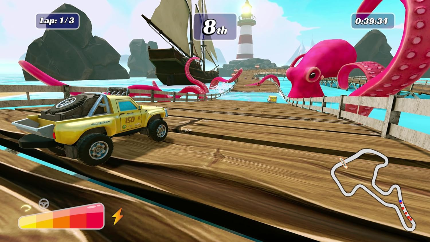 Escena de juego de carreras de dibujos animados con camión, pulpo y pista.