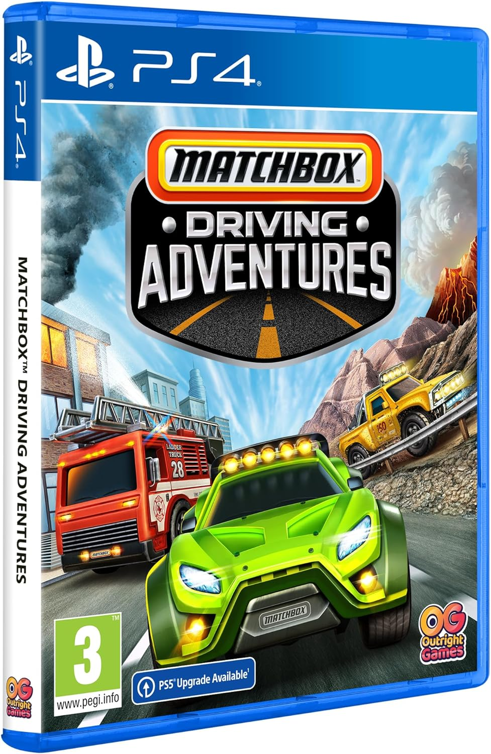 Una caja de juego de Matchbox Driving Adventures. La portada muestra un coche verde, un camión de bomberos y un coche amarillo.