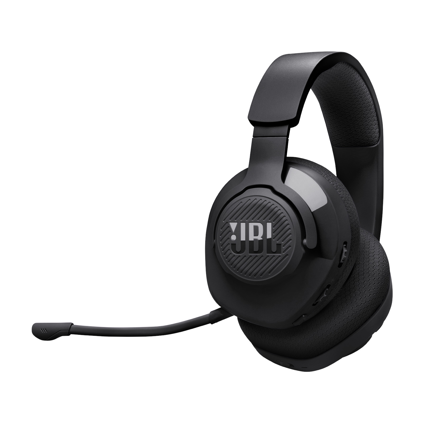 Auriculares JBL negros con micrófono. El logo de JBL está en el lateral de la orejera.