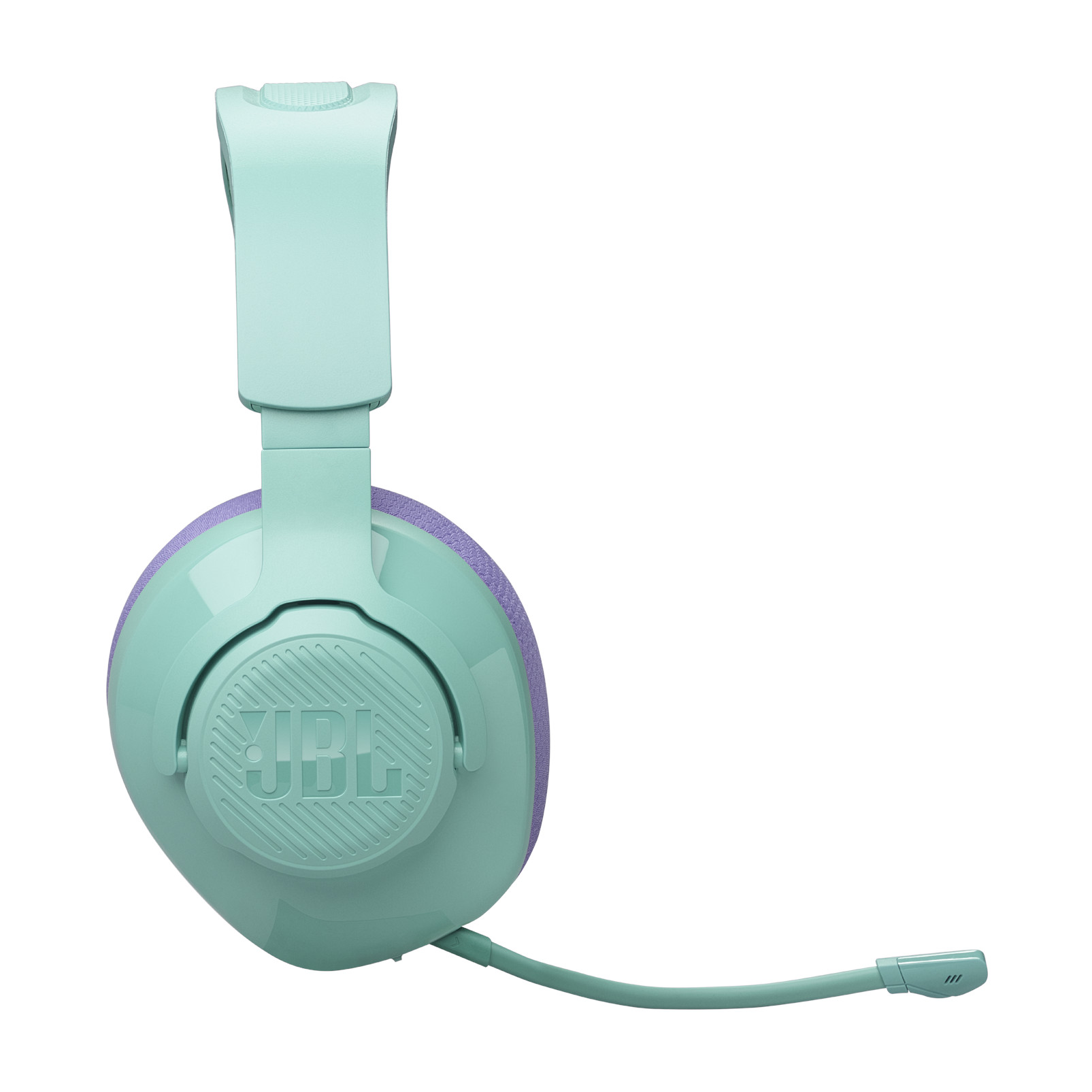 Auriculares verde menta y morados. Fondo blanco.