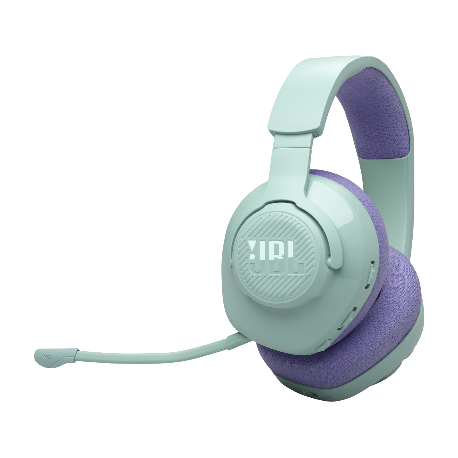 Auriculares JBL turquesa y morados con micrófono, sobre fondo blanco.