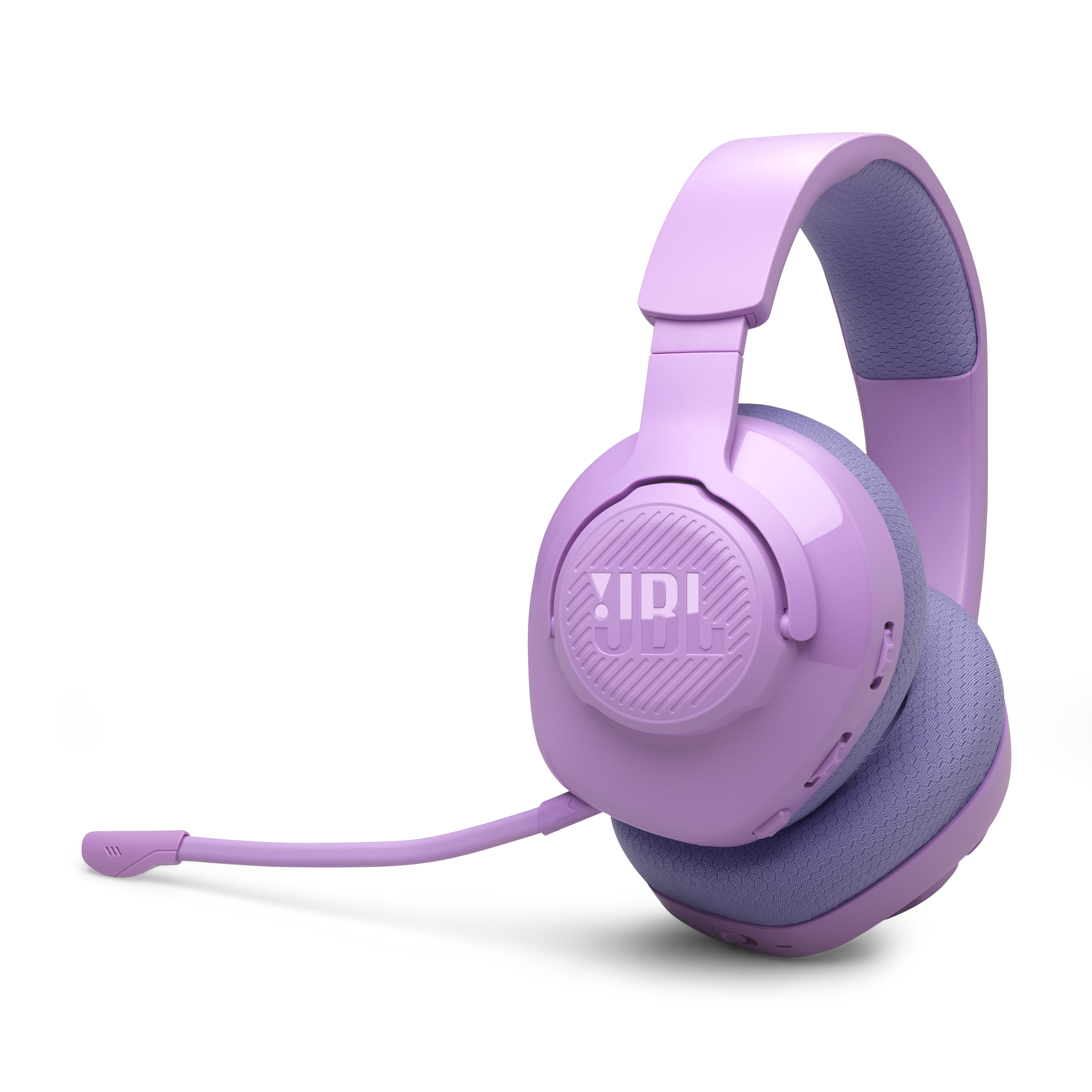 Auriculares JBL morados con micrófono. El logo de JBL es visible.