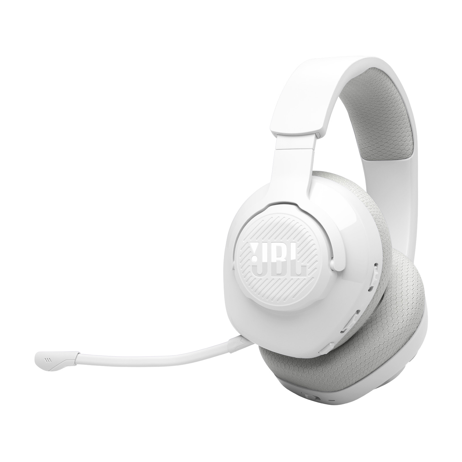 Auriculares JBL blancos con micrófono. El diseño es limpio y moderno.