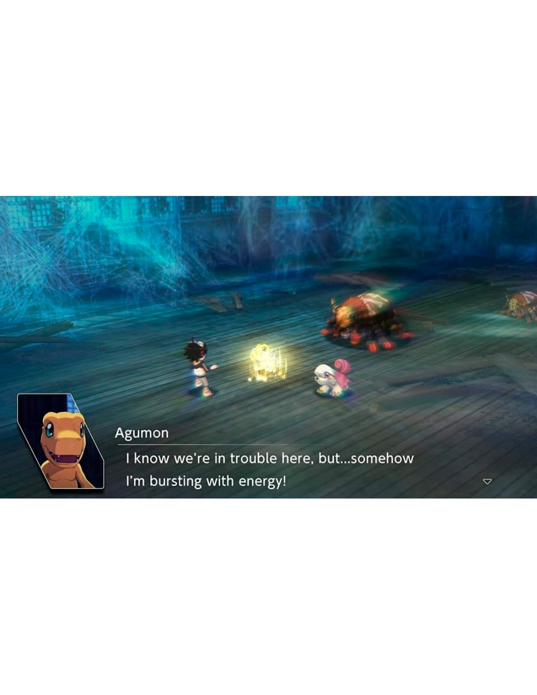 Captura de pantalla del juego: personaje Agumon con burbuja de texto, fondo de escena.