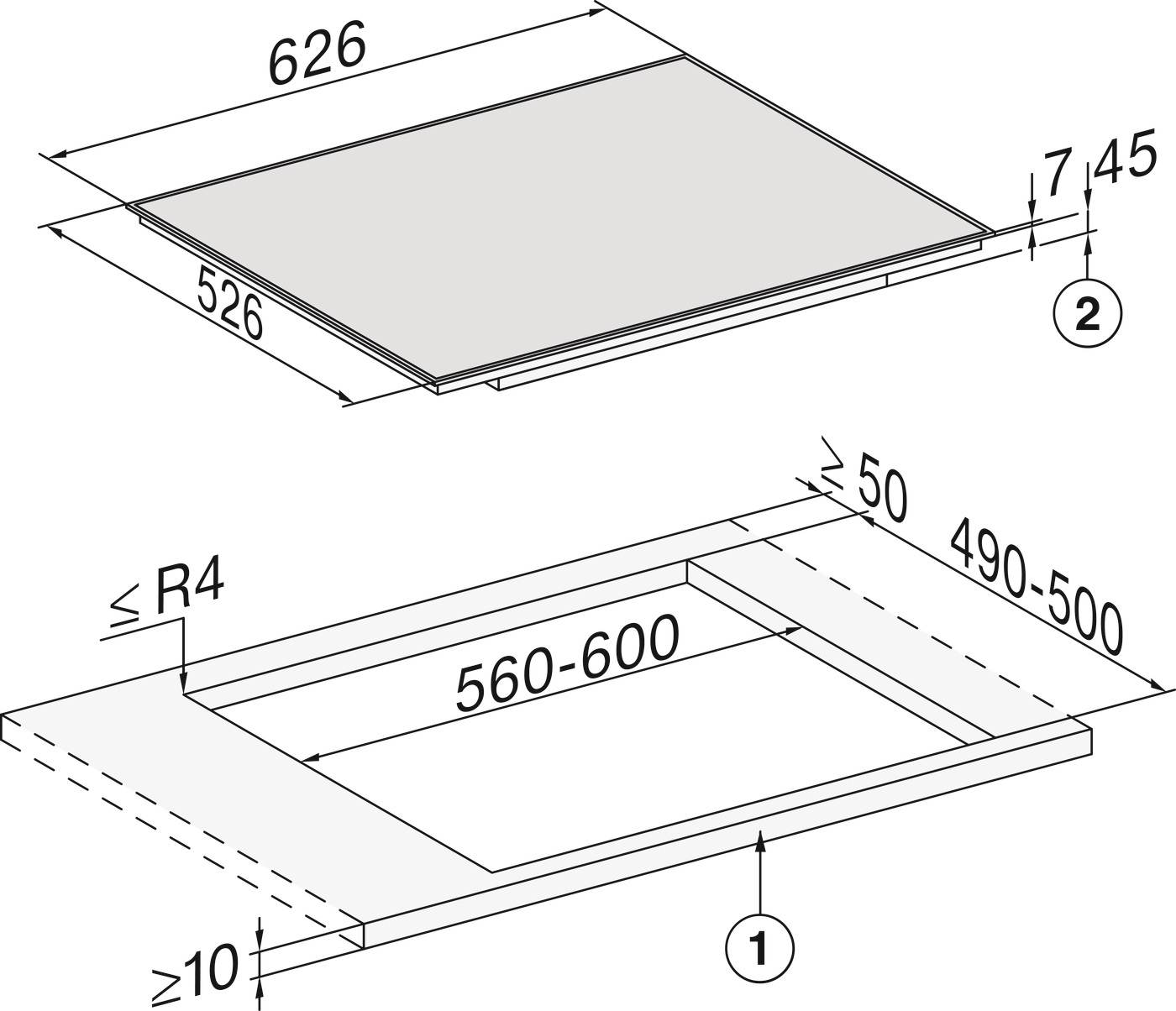 Diagramm eines rechteckigen Kochfelds mit Abmessungen und Installationsanforderungen.