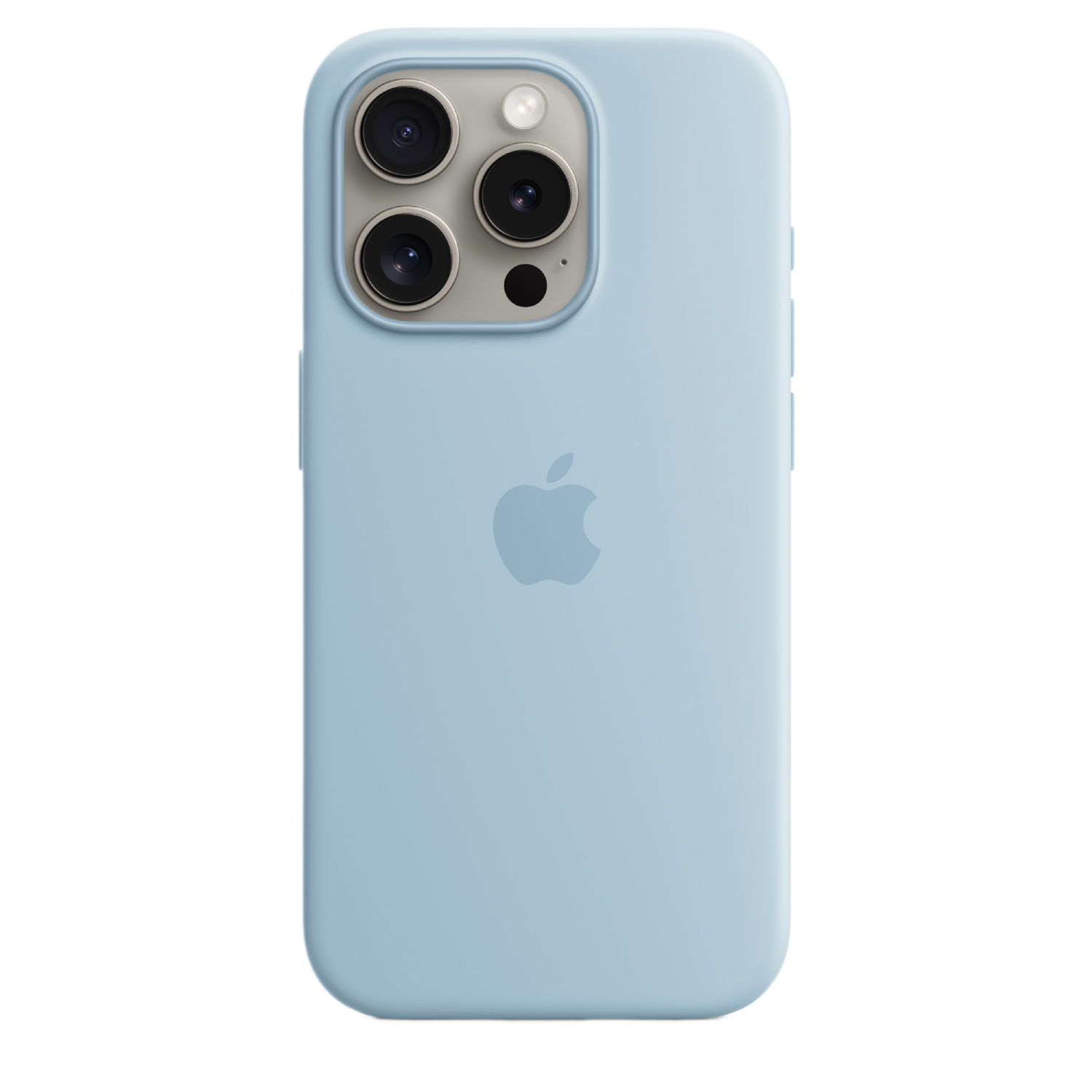 Lichtblauwe iPhone met een drievoudige camera-opstelling, in een lichtblauwe beschermhoes.