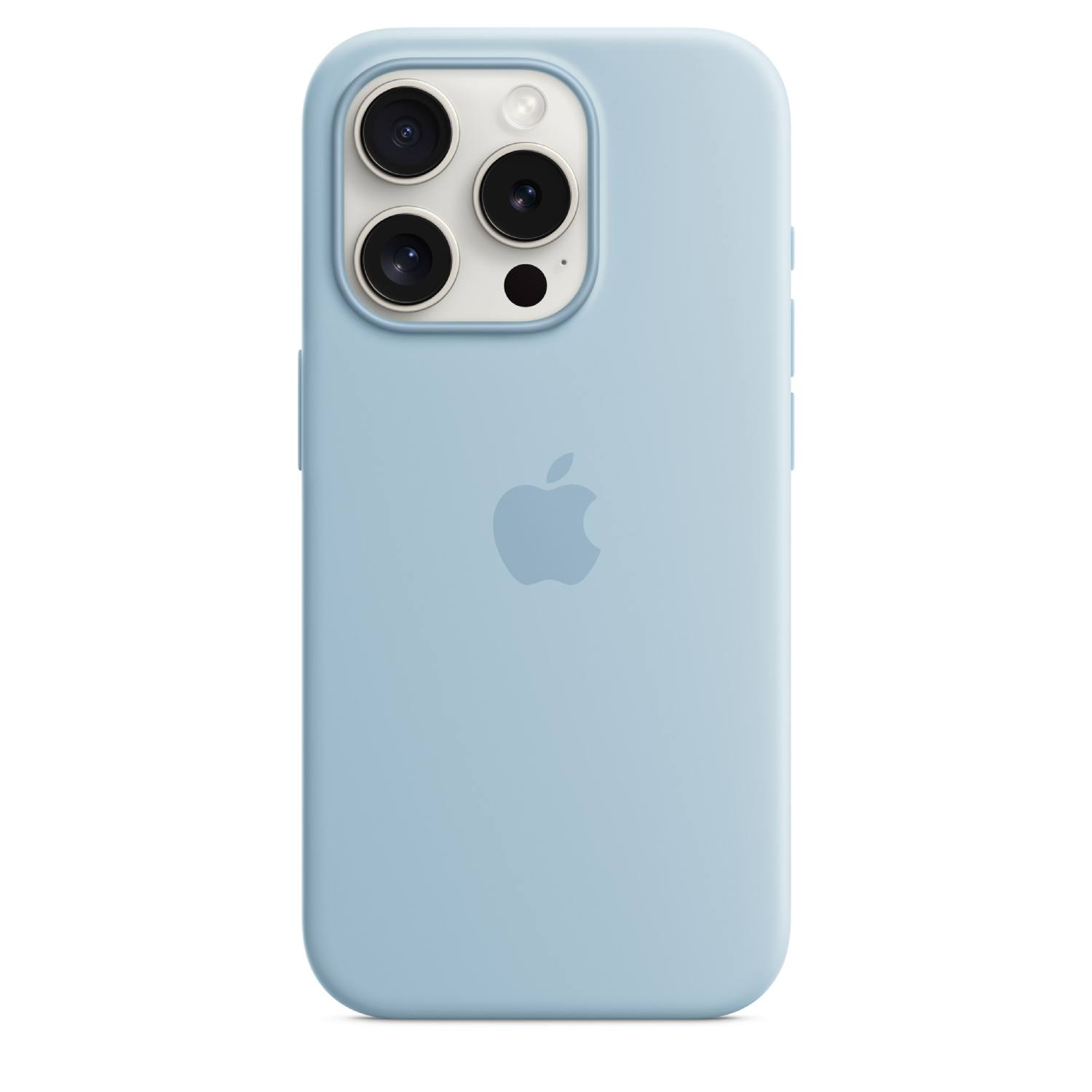 Lichtblauwe telefoonhoes met drie camera's en een flitser, en het Apple-logo.