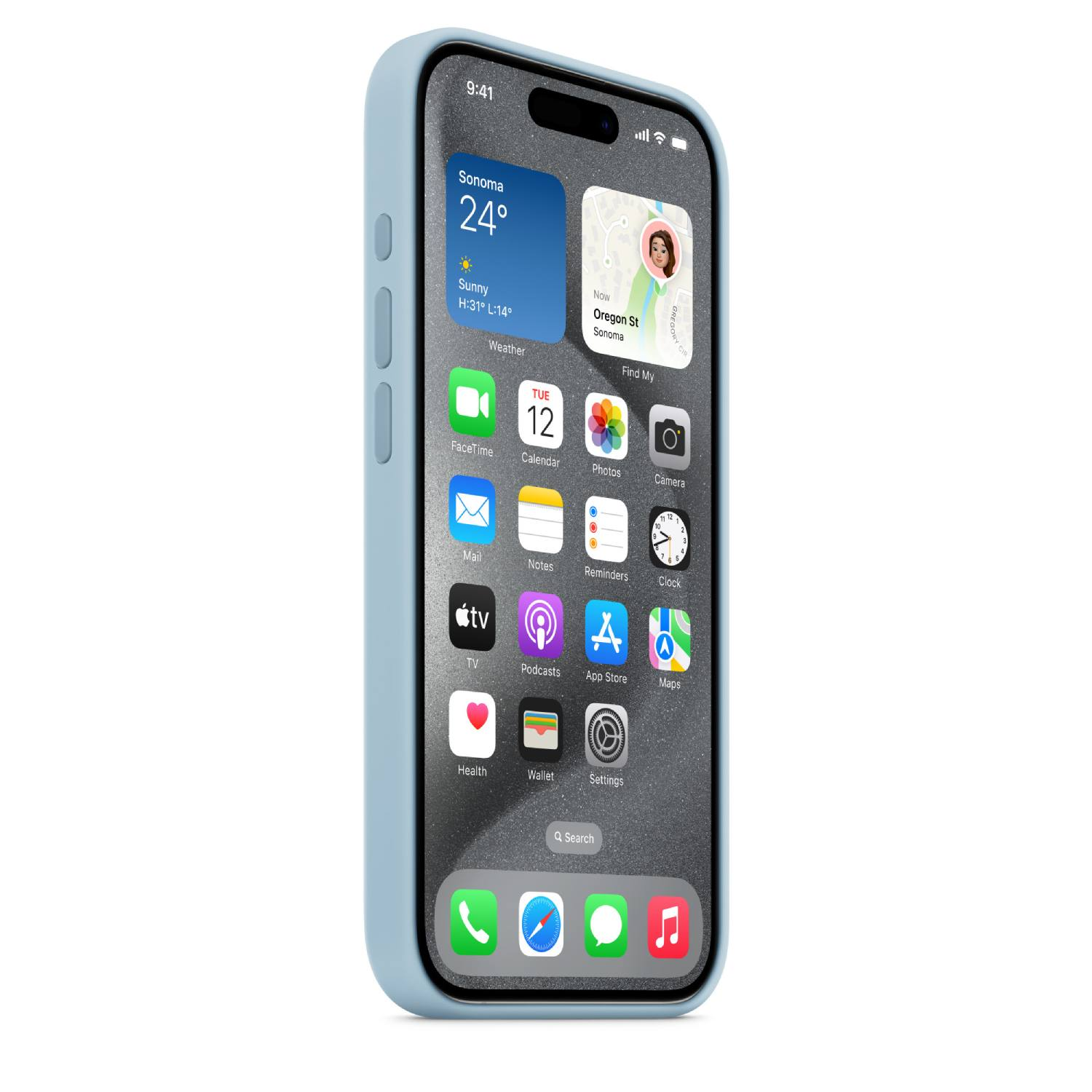 Een lichtblauwe iPhone met een scherm waarop app-iconen en widgets worden weergegeven. Het heeft een lichtblauwe hoes.