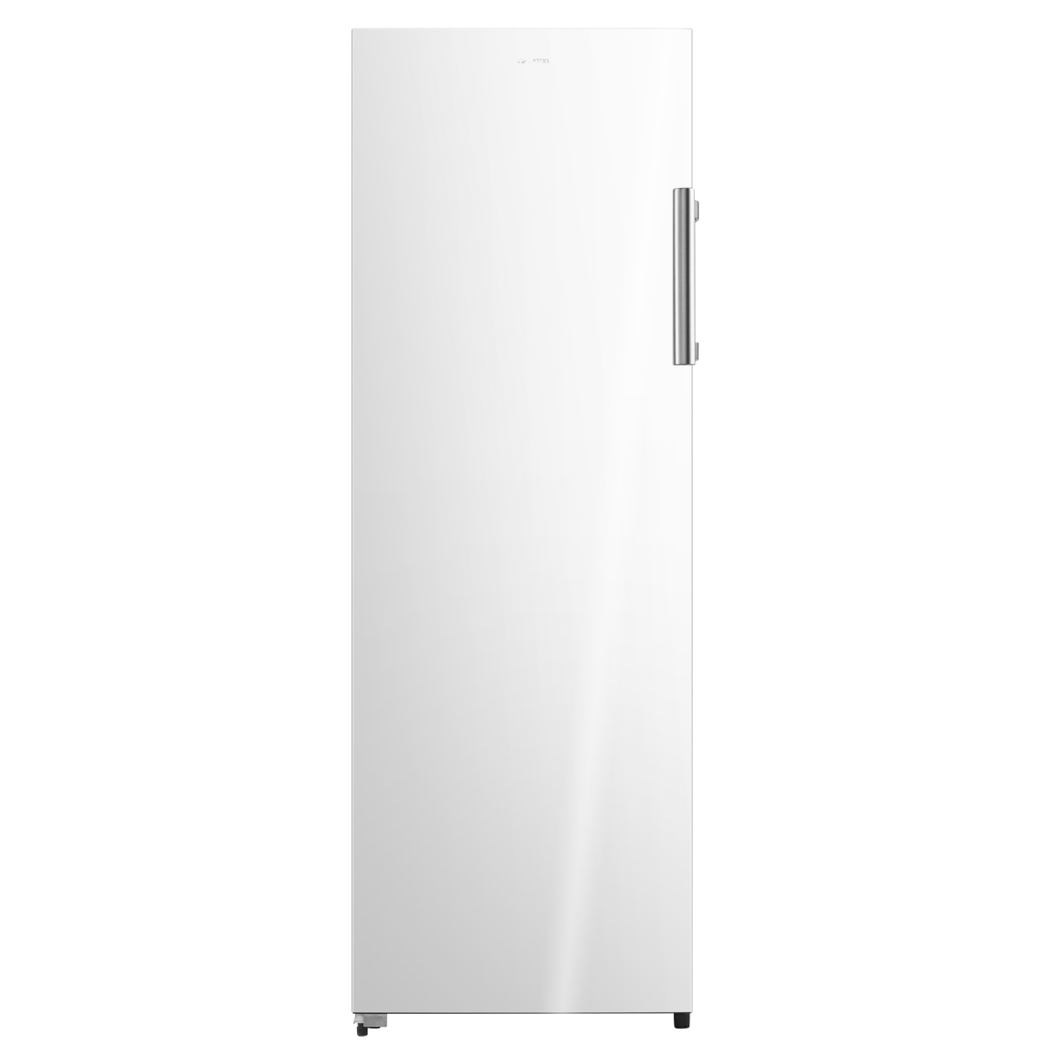 Un refrigerador blanco con diseño vertical, asa plateada y fondo negro.
