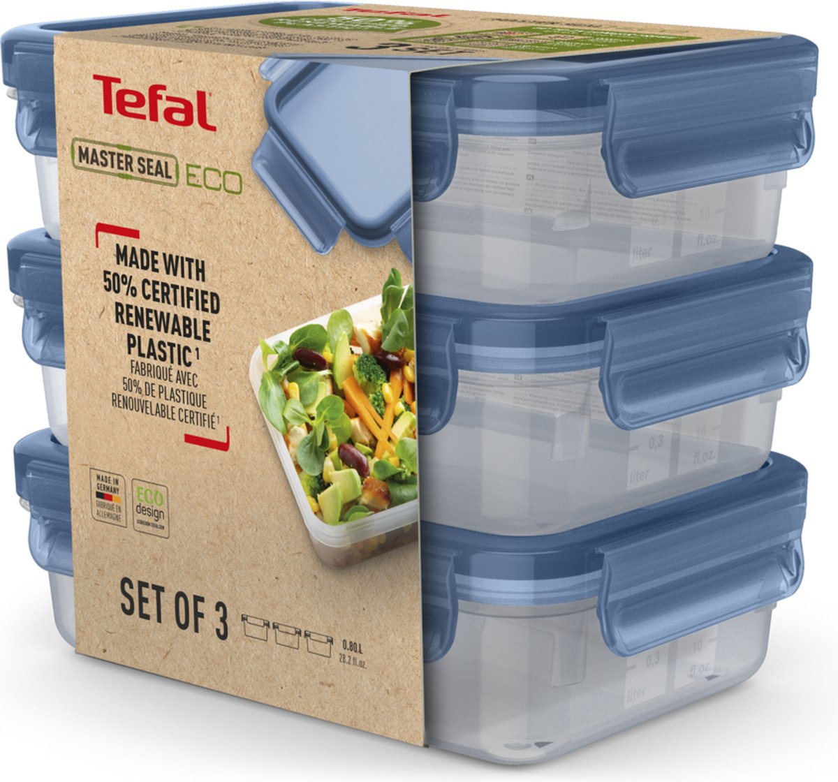 Juego de tres recipientes transparentes con tapas azules, apilados, con etiqueta frontal.