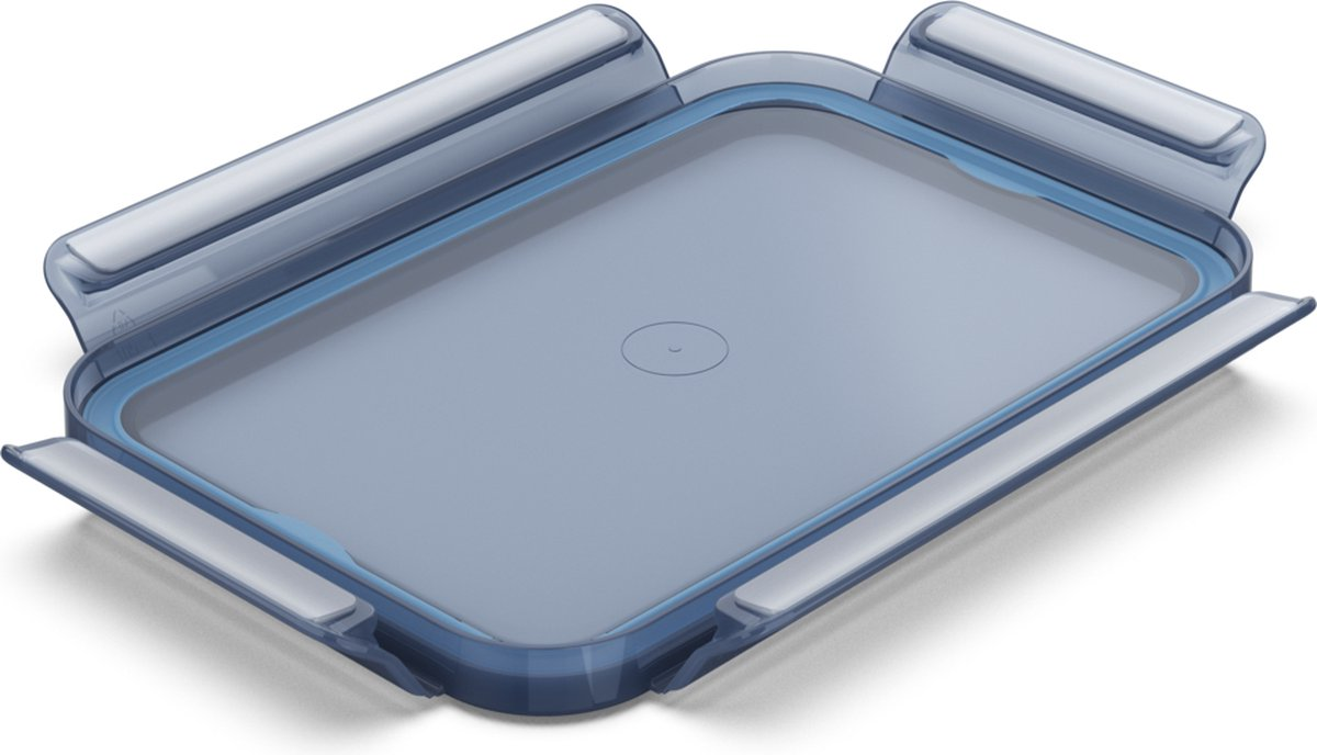 Contenedor de plástico azul con tapa, abierto y listo para usar.