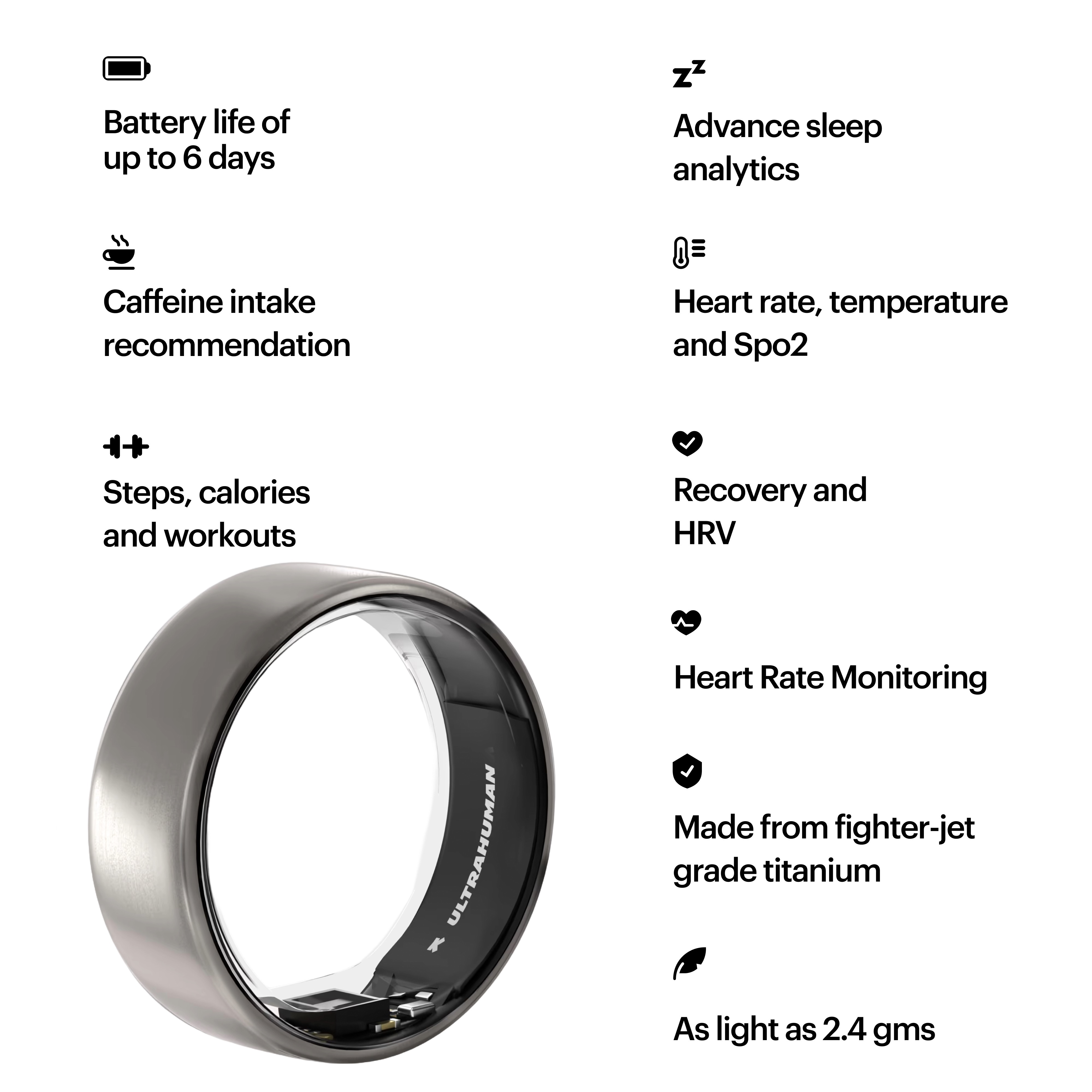 Un anello d'argento con funzioni di monitoraggio della salute. Descrizioni di batteria, sonno, frequenza cardiaca e altre metriche.