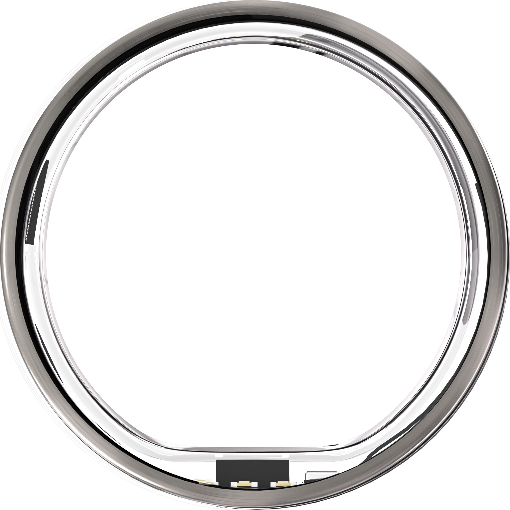 Anello intelligente argentato. Forma circolare, piccolo componente nero in basso.