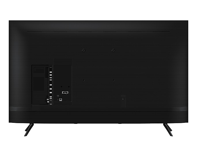 Rückansicht eines schwarzen Fernsehers mit Anschlüssen und Ständer. Es befindet sich auf weißem Hintergrund.