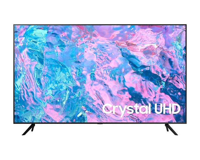 Ein Flachbildfernseher, der ein farbenfrohes, abstraktes Bild mit rosa und blauen Farbtönen anzeigt.