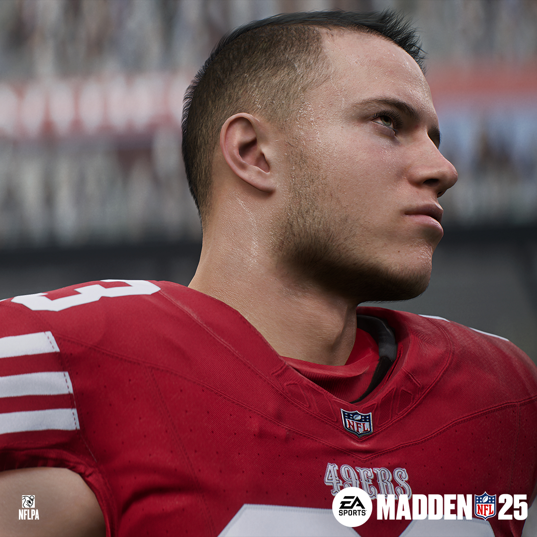 Footballspieler in rotem Trikot blickt nach oben, Seitenansicht. Madden NFL 25 Logo ist gezeigt.